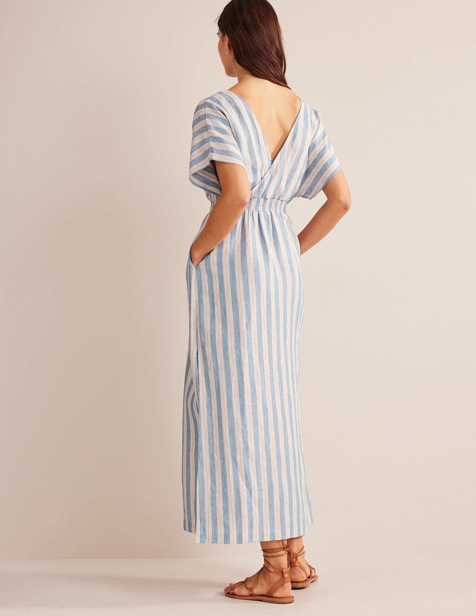 Linen Kaftan Maxi Dress-Porcelain Blue Lurex Stripe-3