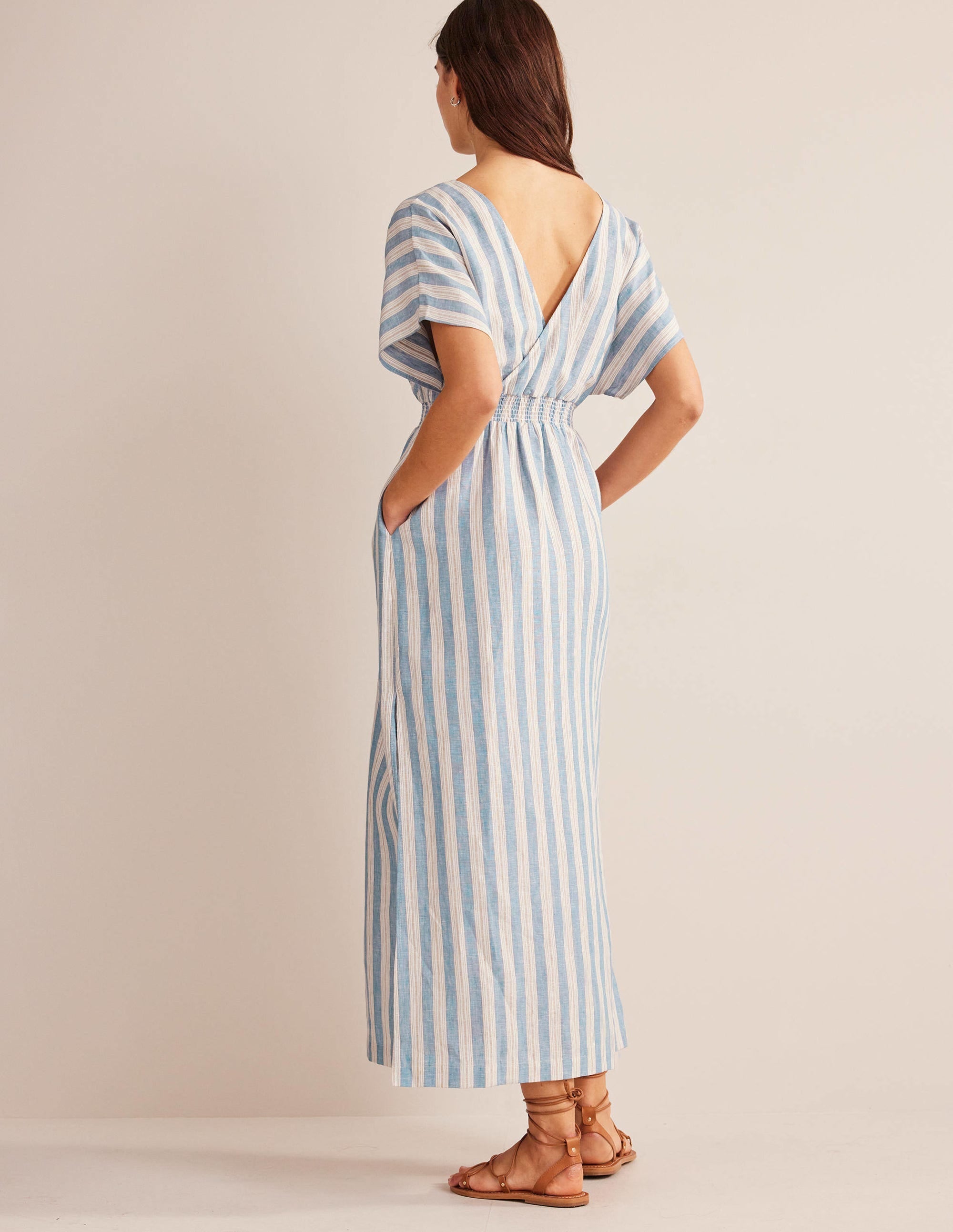 Linen Kaftan Maxi Dress-Porcelain Blue Lurex Stripe - Image 3