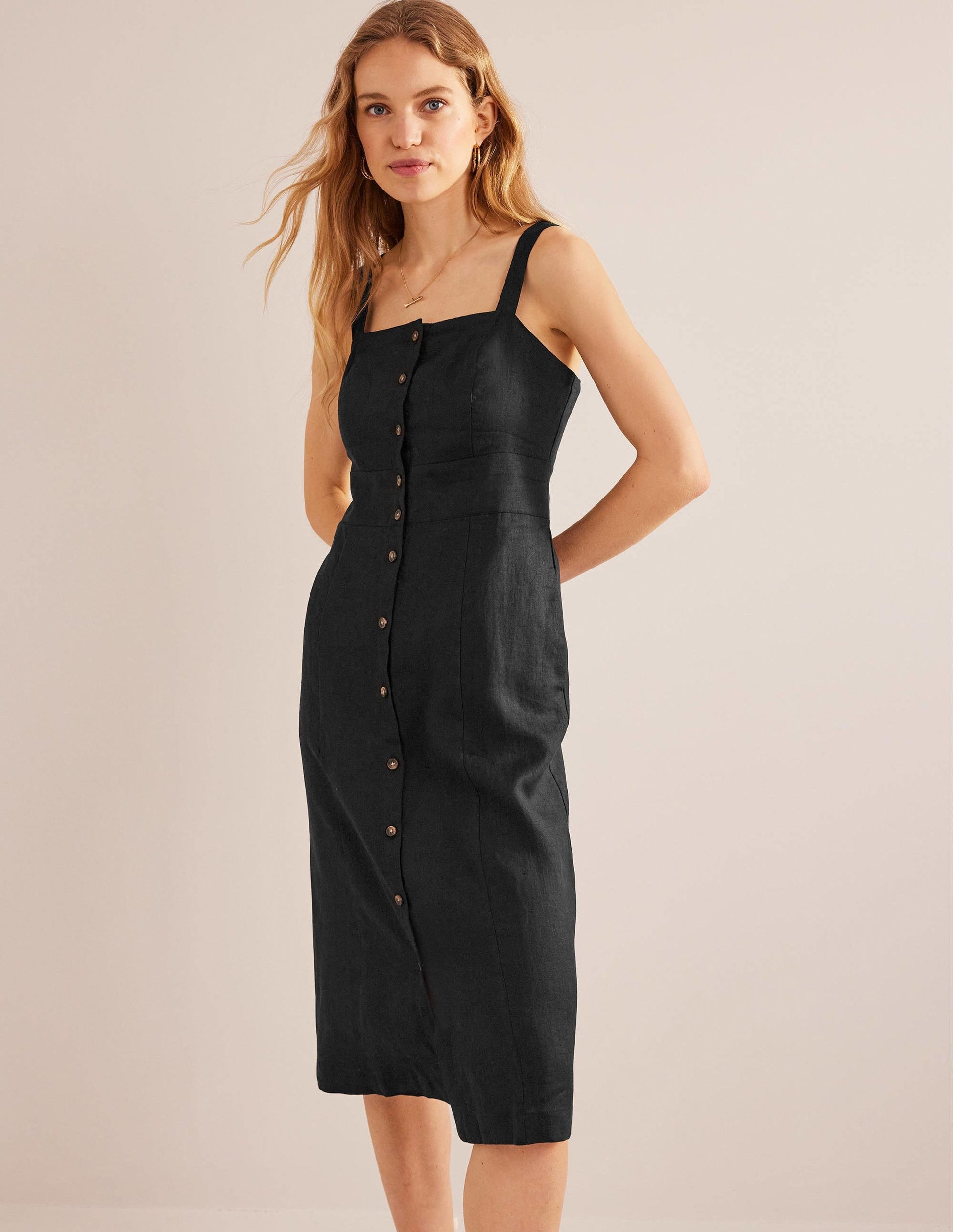 Strappy Linen Midi Dress-Black-1