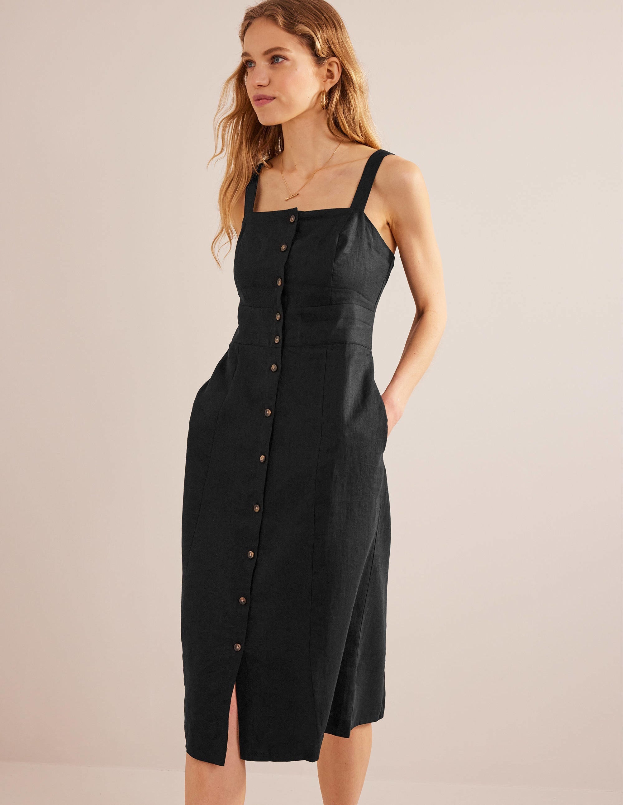 Strappy Linen Midi Dress-Black - Image 4