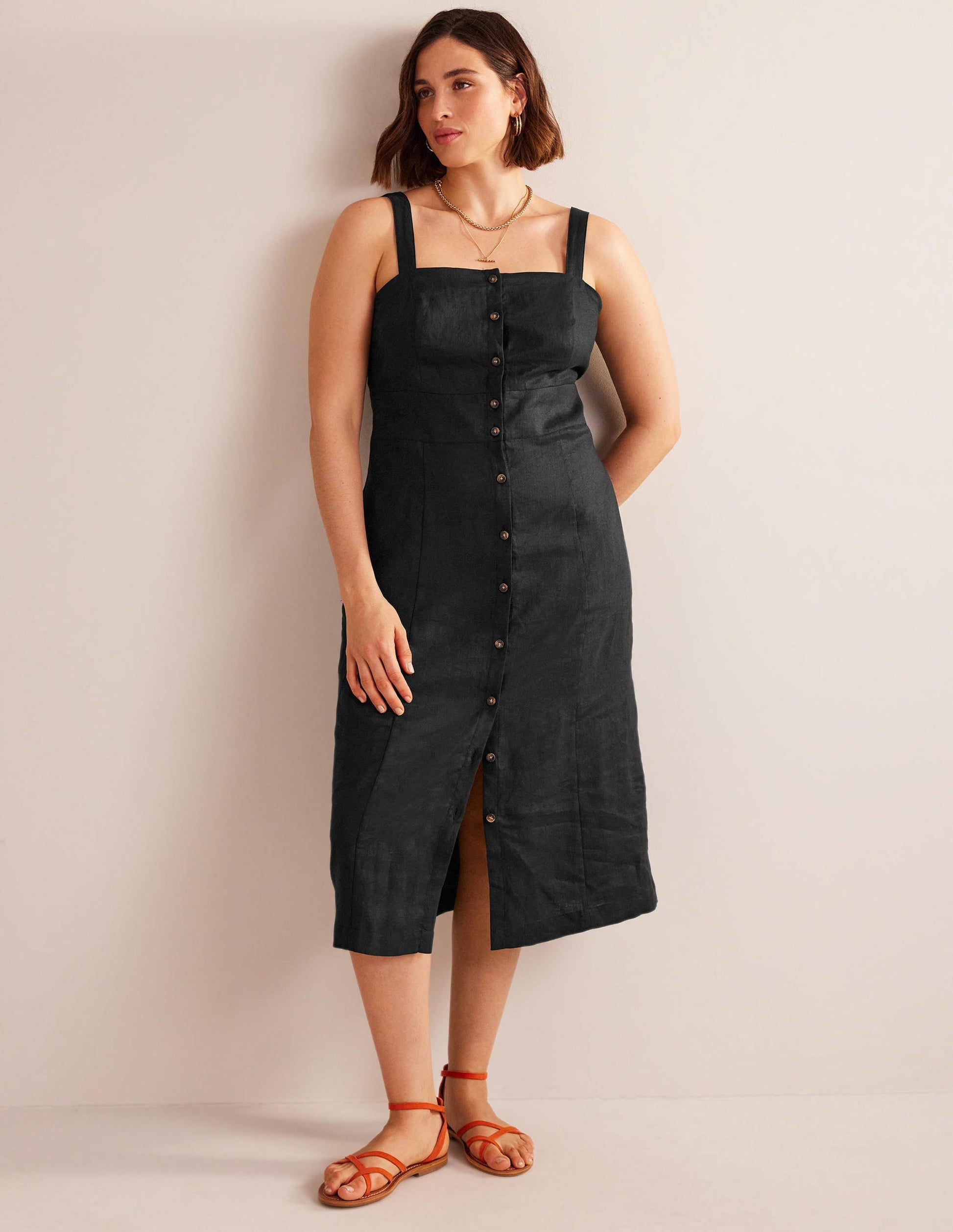 Strappy Linen Midi Dress-Black-5