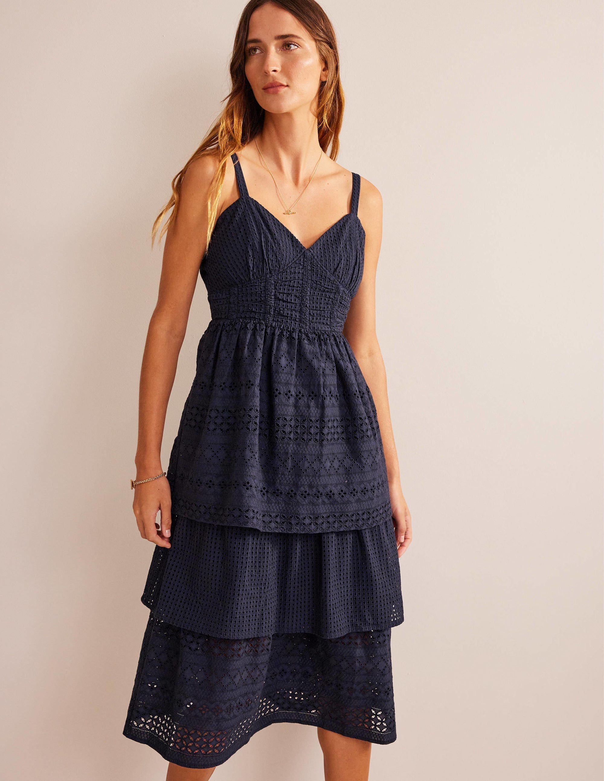 Tiered Broderie Midi Dress-Navy - Image 1