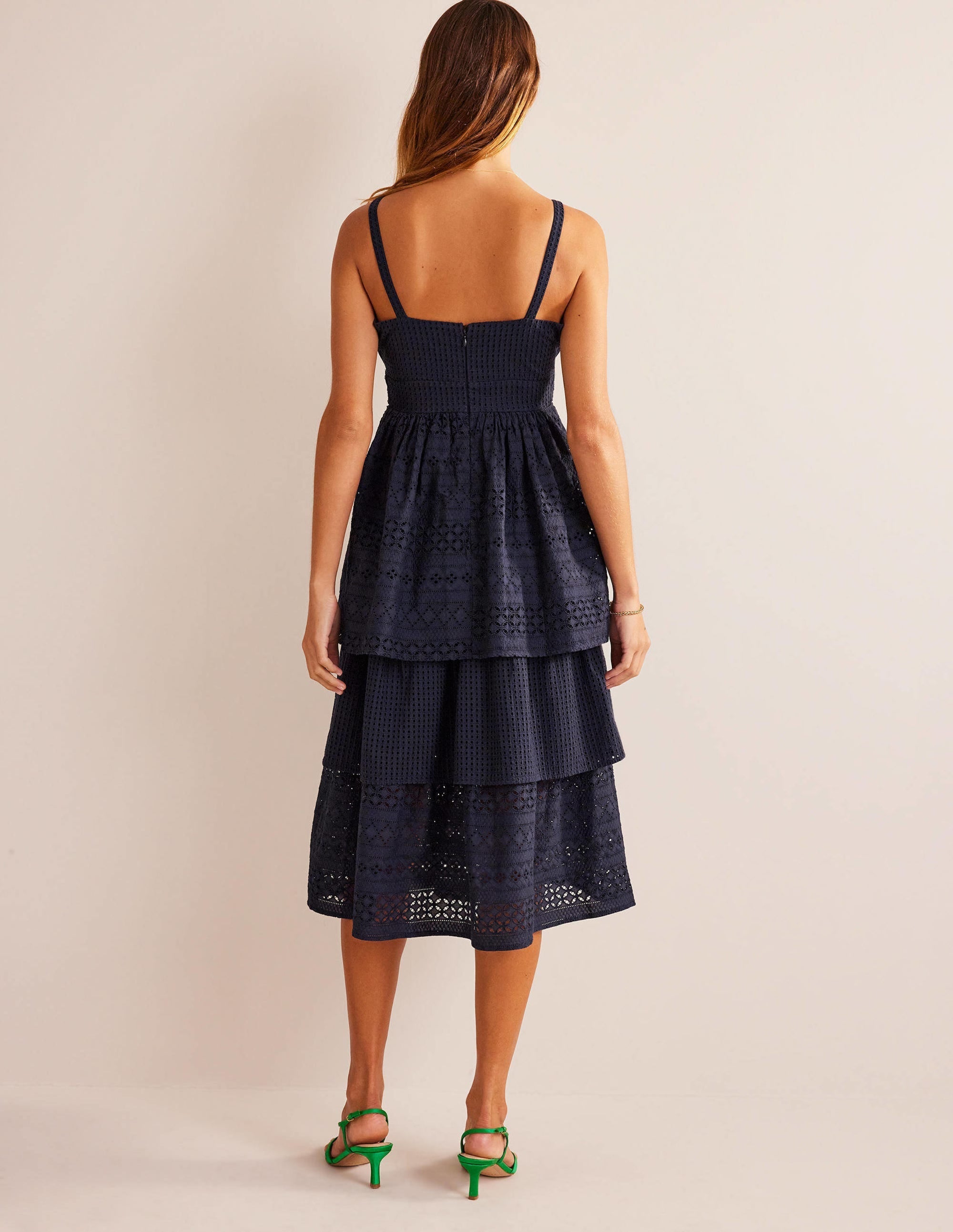 Tiered Broderie Midi Dress-Navy - Image 3