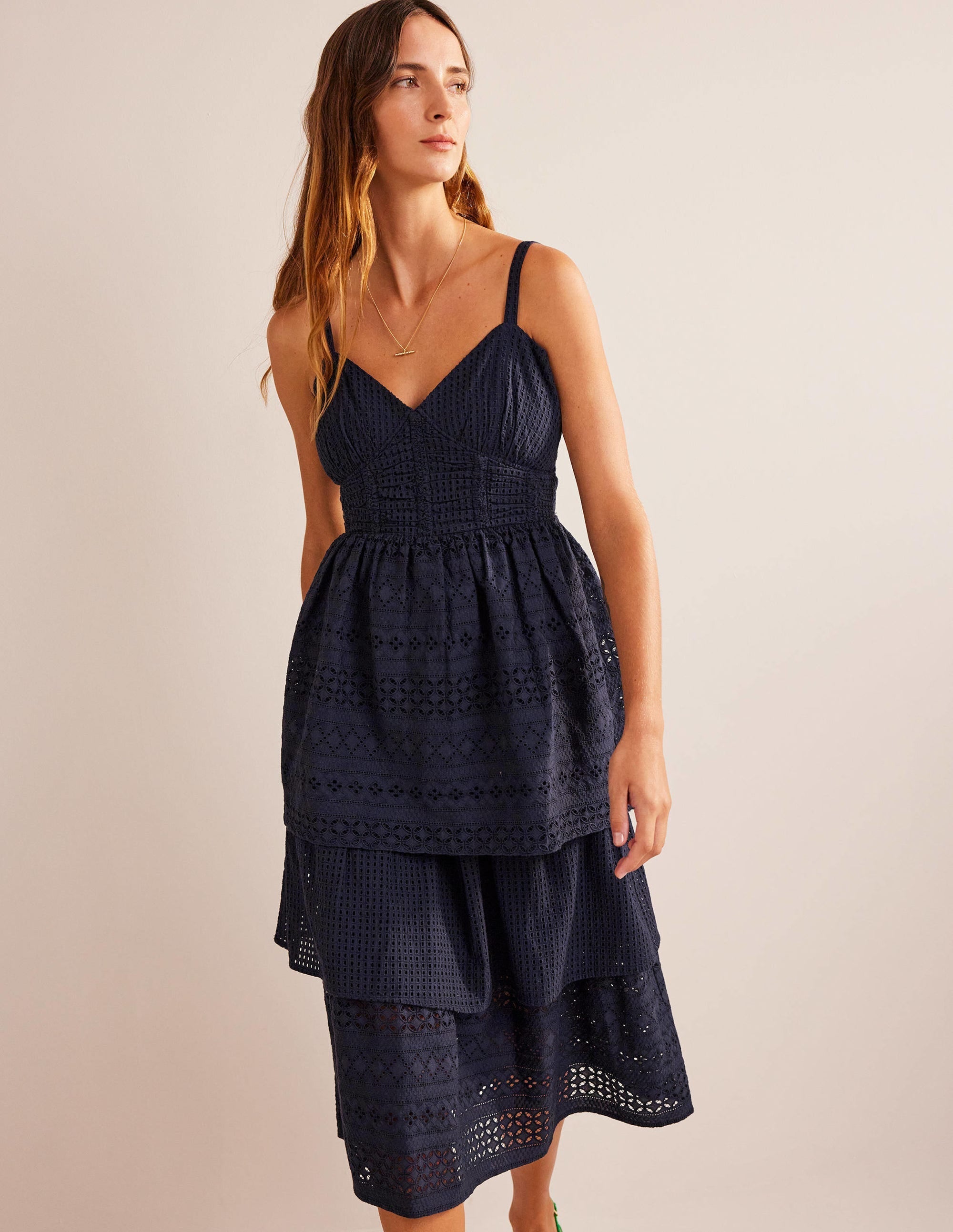 Tiered Broderie Midi Dress-Navy - Image 4