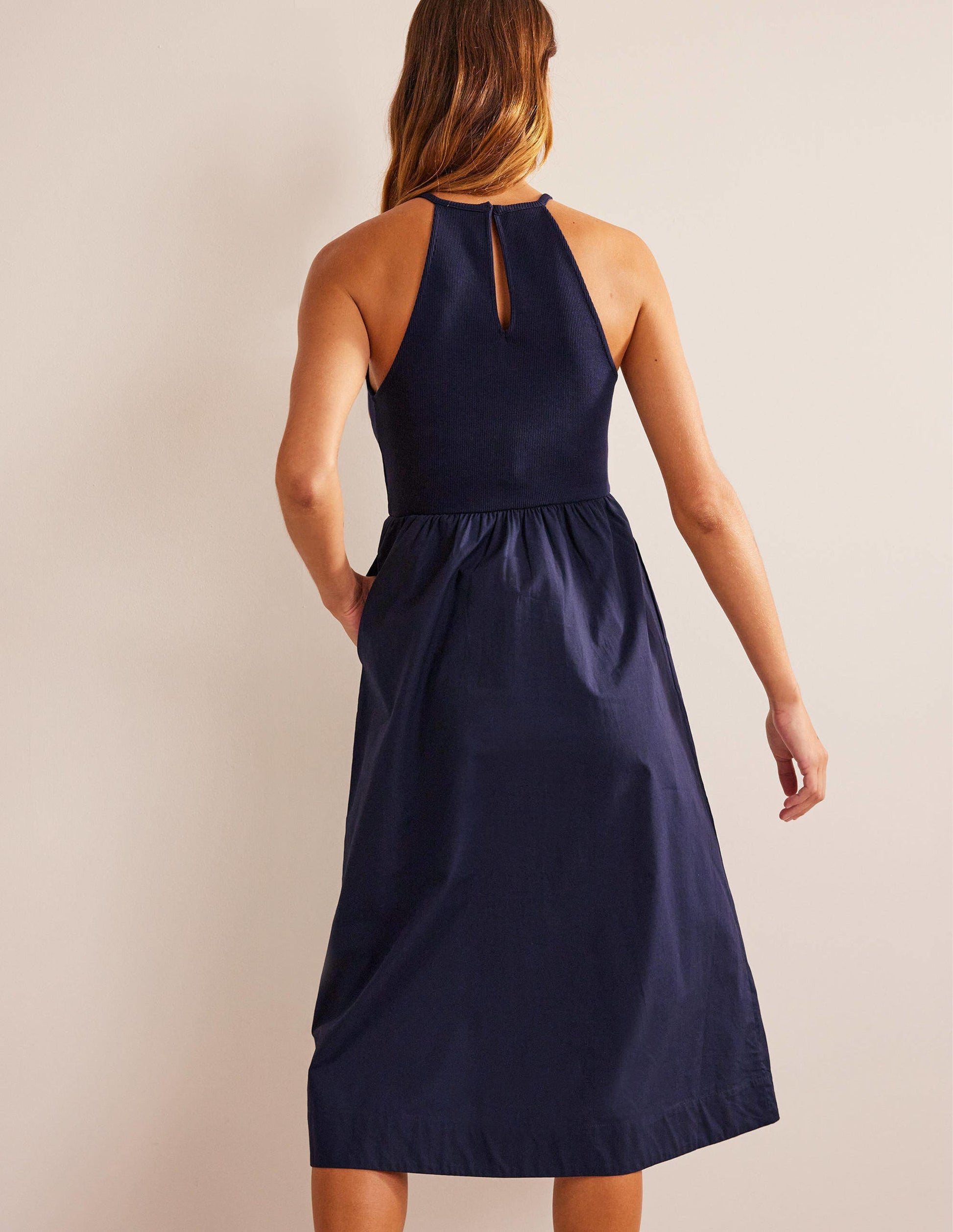 Ribbed Halterneck Midi Dress-Navy-3