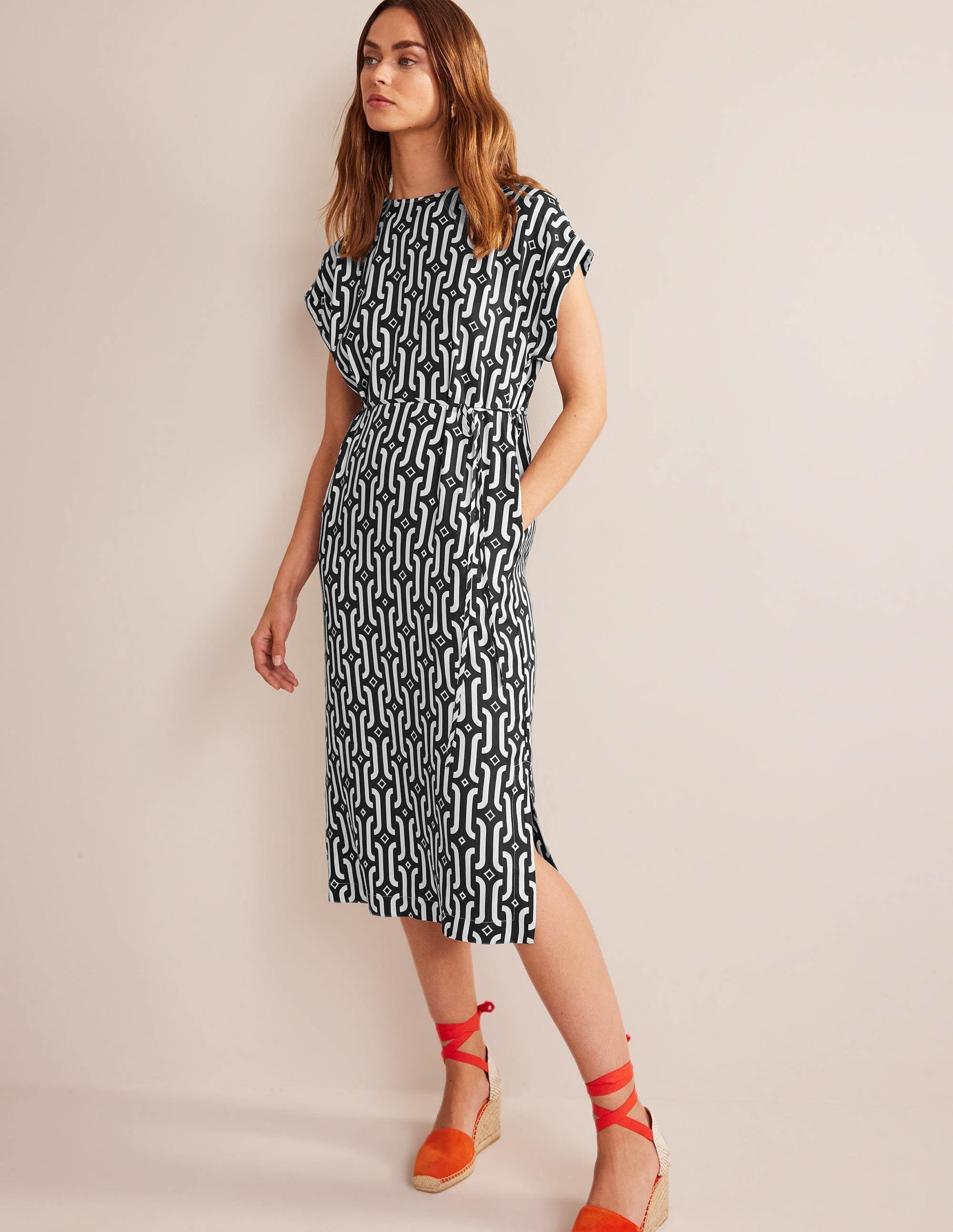 Short Sleeve Column Midi Dress-Black, Azure Geo - Image 1