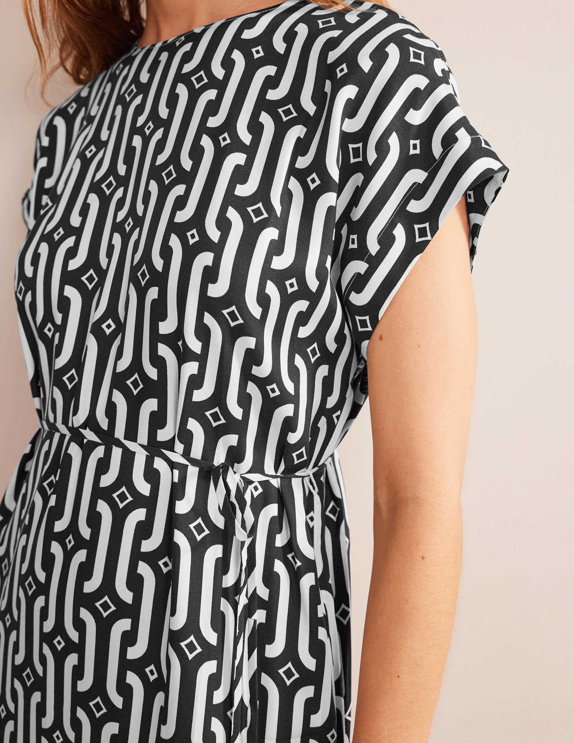 Short Sleeve Column Midi Dress-Black, Azure Geo - Image 2