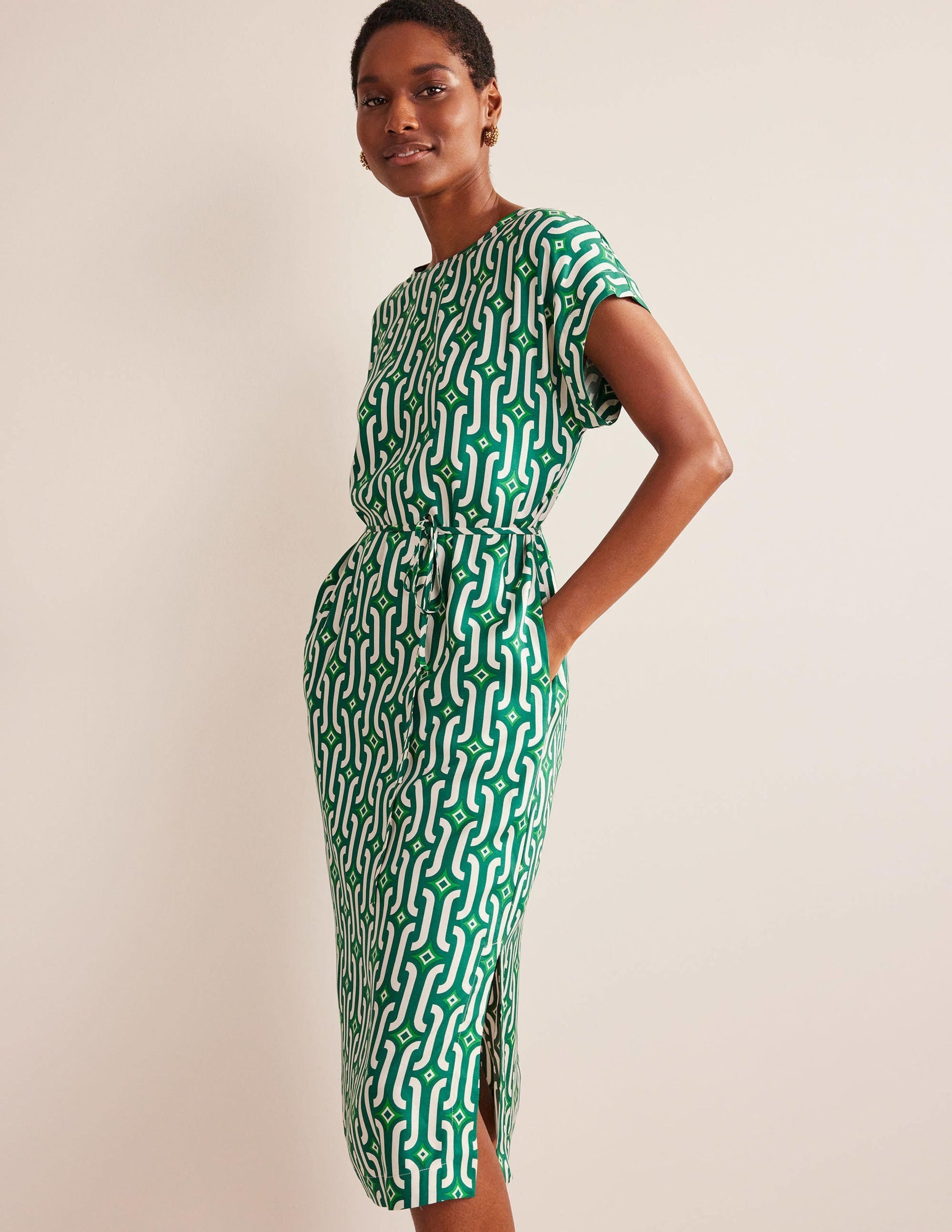 Short Sleeve Column Midi Dress-Bright Emerald, Azure Geo-1