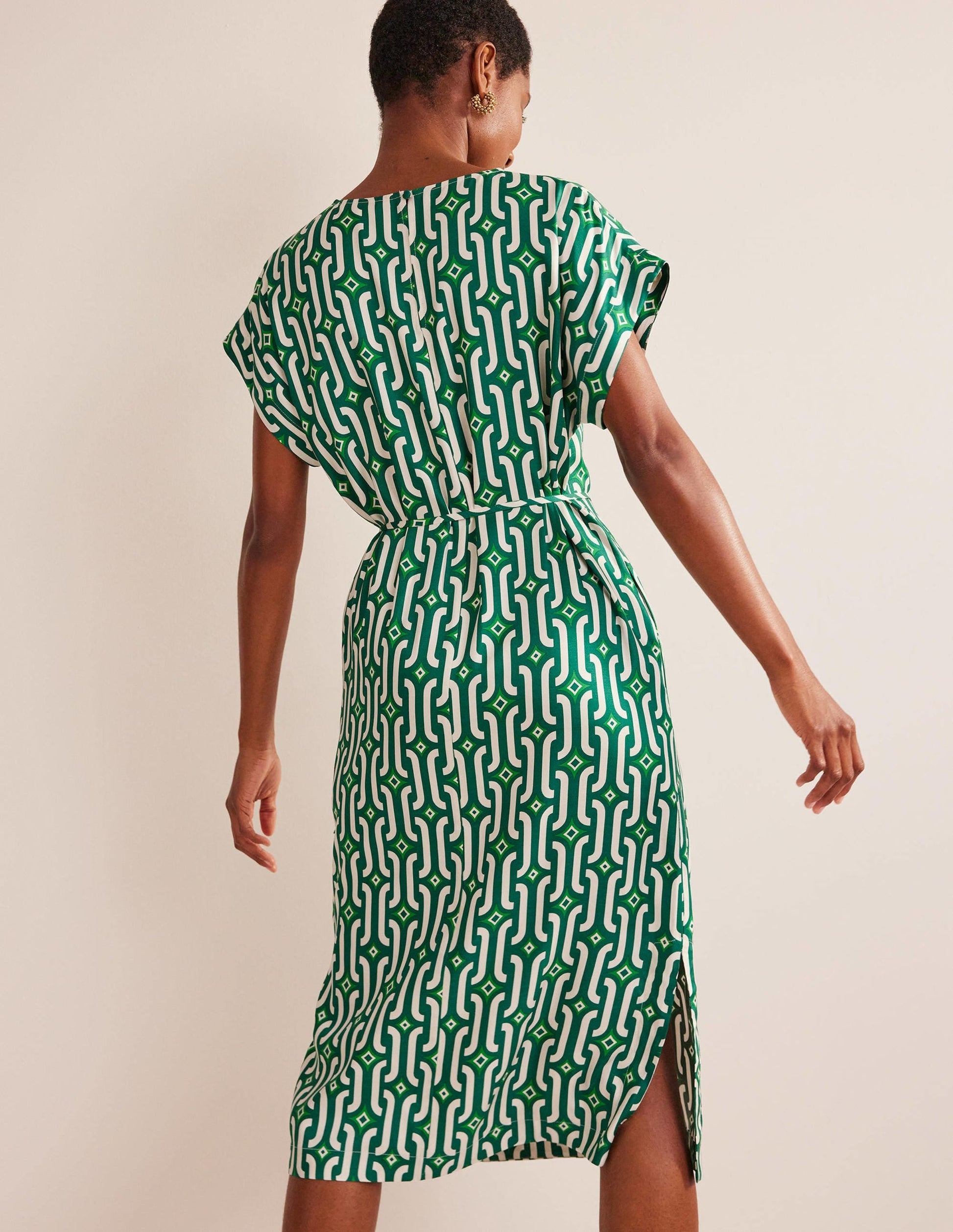 Short Sleeve Column Midi Dress-Bright Emerald, Azure Geo-3