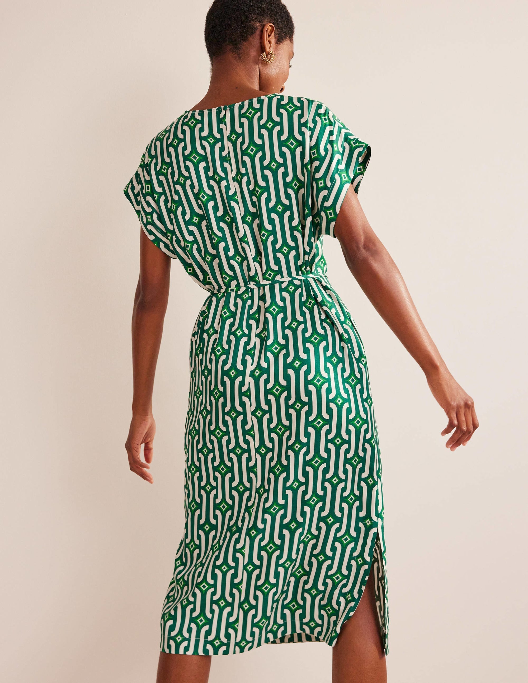 Short Sleeve Column Midi Dress-Bright Emerald, Azure Geo - Image 3