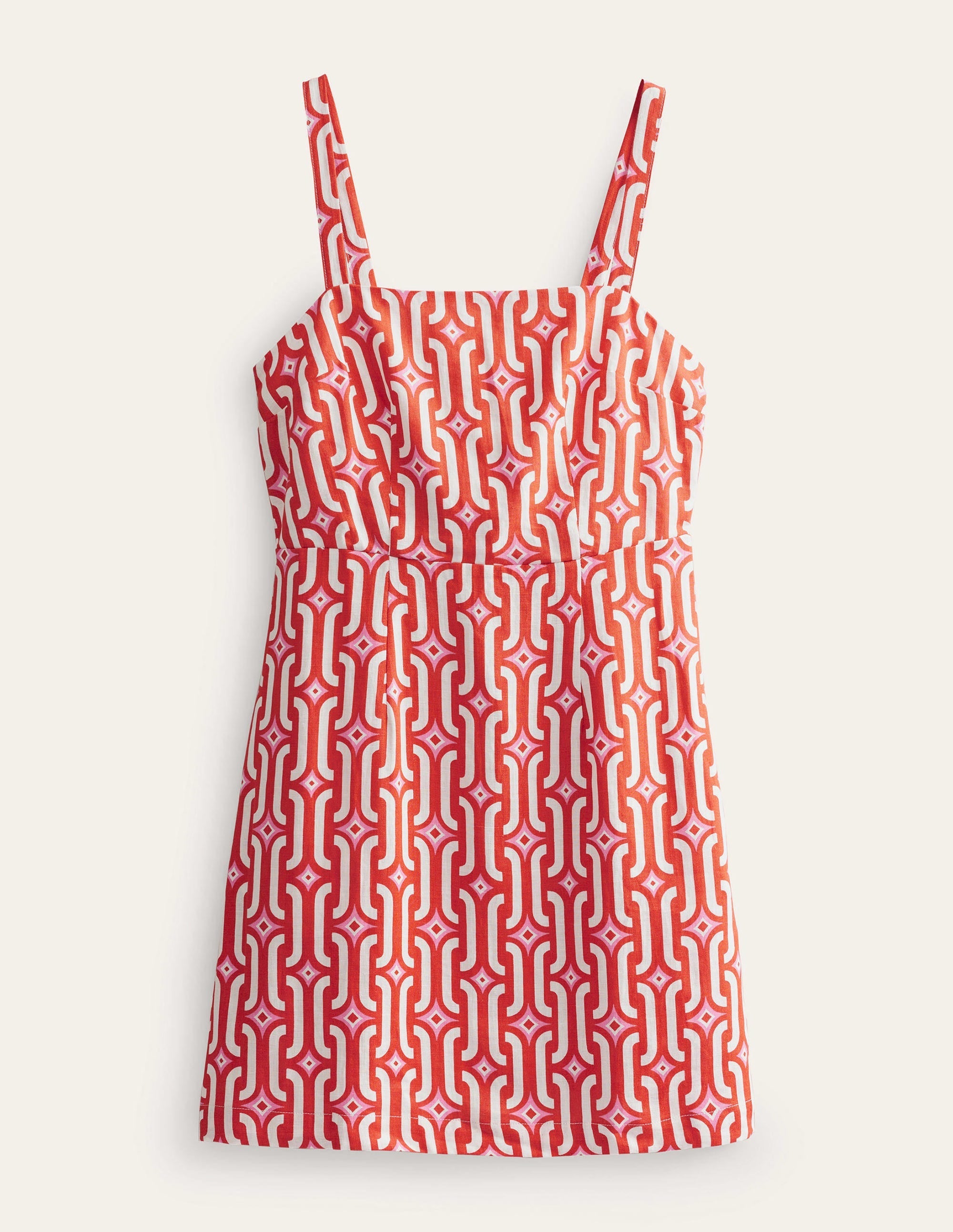 Strappy Linen Mini Dress-Blood Orange, Azure Geo - Image 5