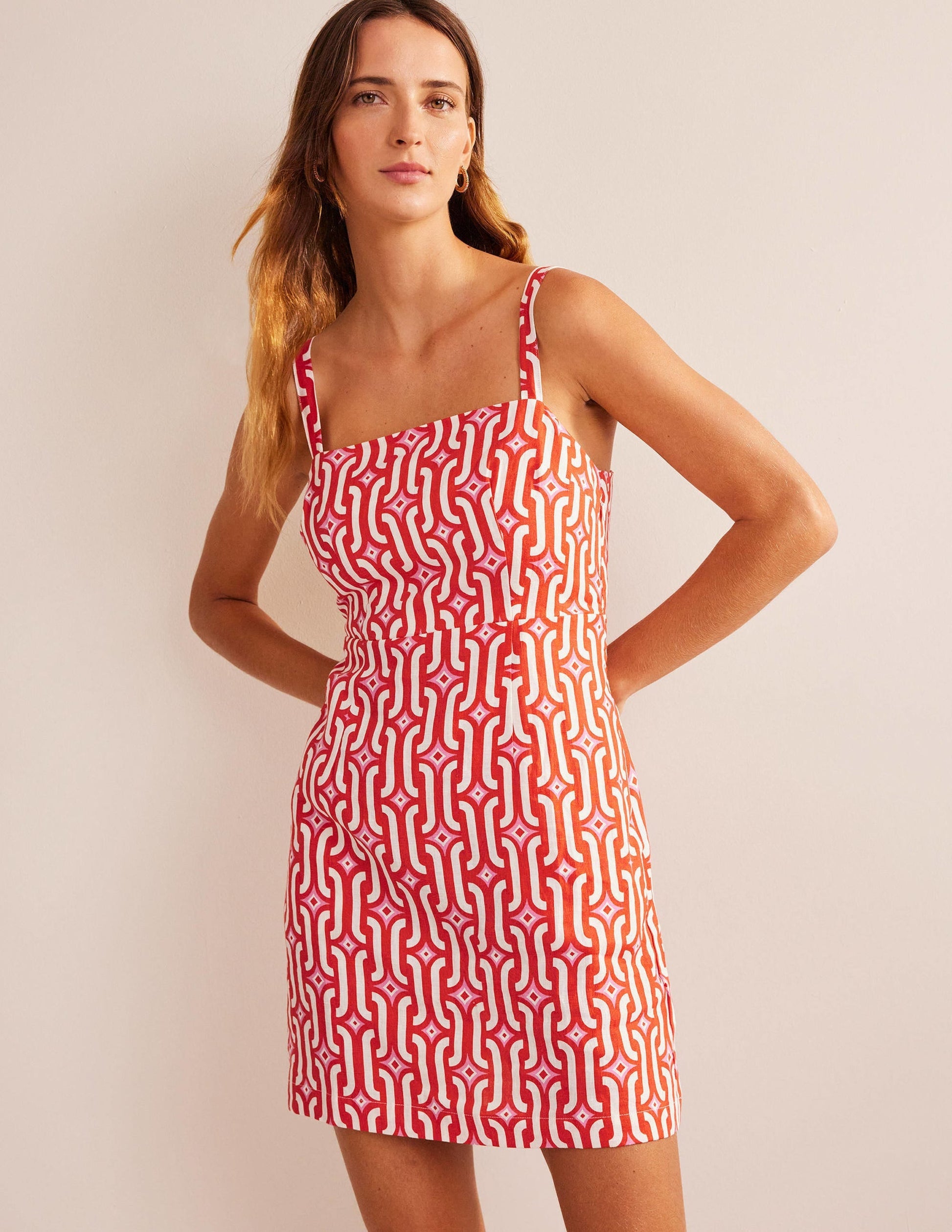 Strappy Linen Mini Dress-Blood Orange, Azure Geo-1