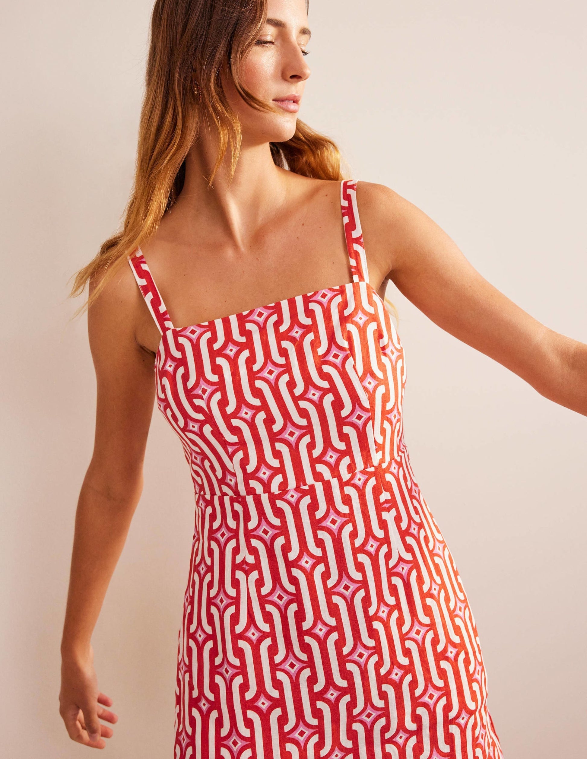Strappy Linen Mini Dress-Blood Orange, Azure Geo-2