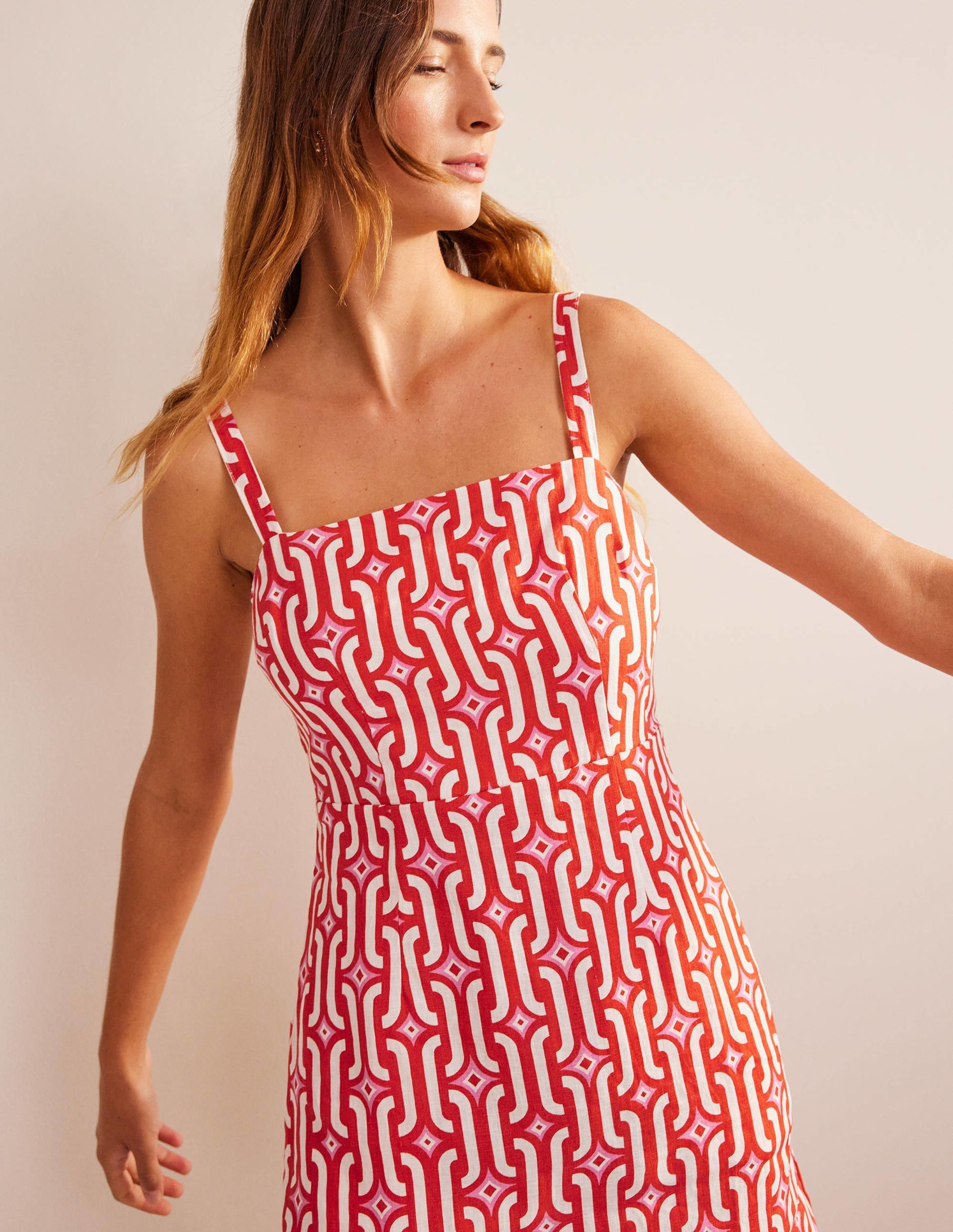 Strappy Linen Mini Dress-Blood Orange, Azure Geo - Image 2