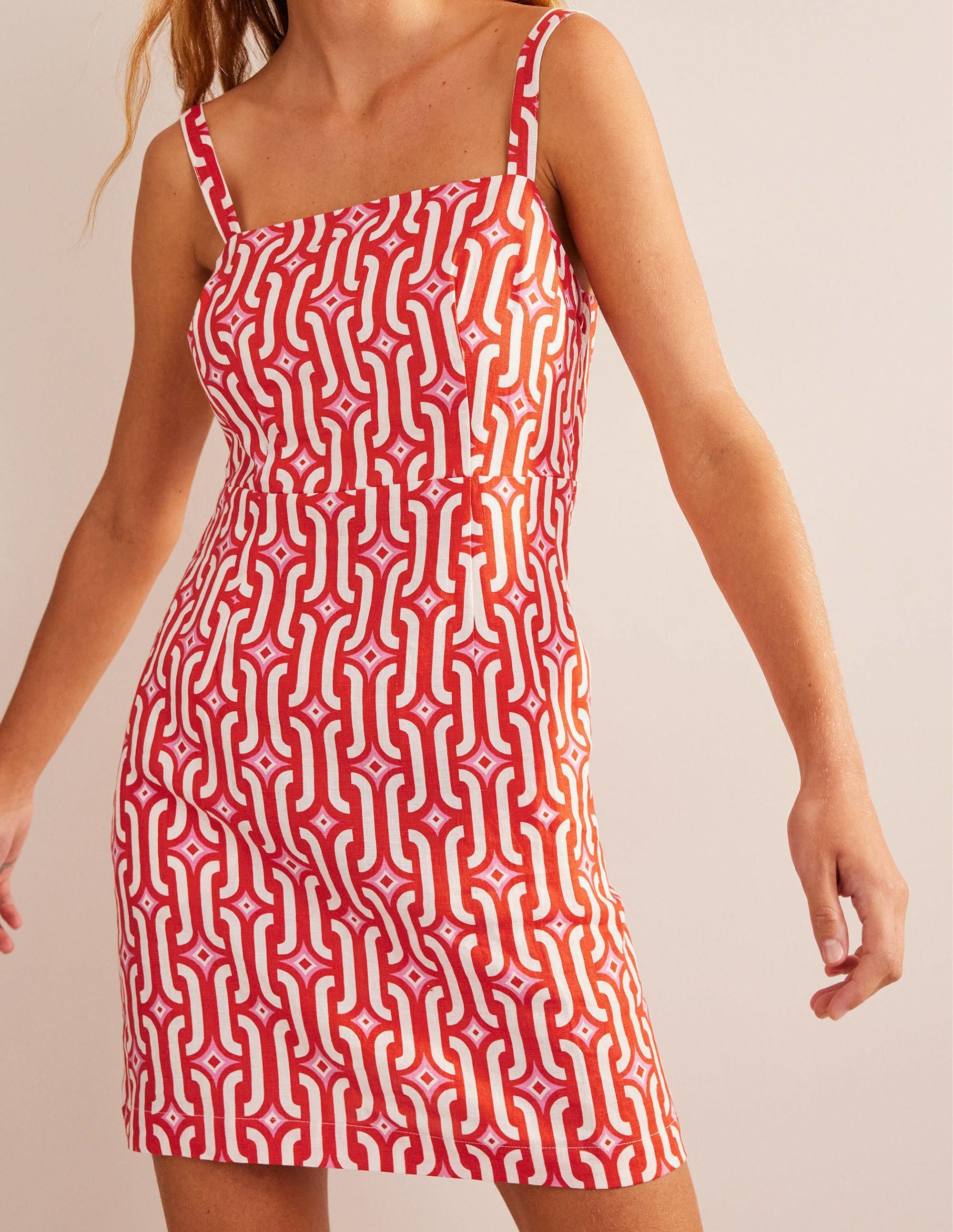 Strappy Linen Mini Dress-Blood Orange, Azure Geo - Image 4