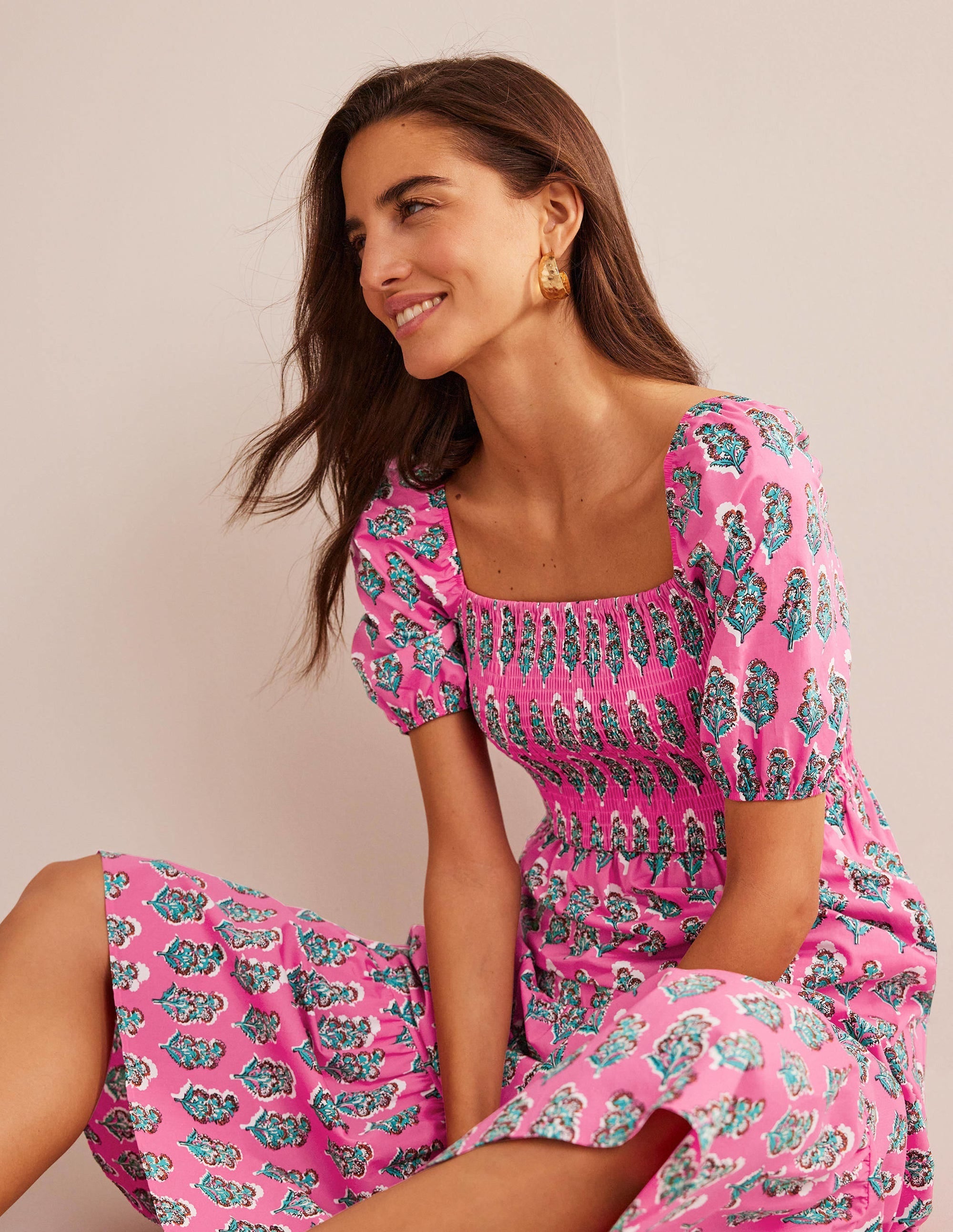 Smocked Bodice Maxi Dress-Festival Pink, Artisan Bloom - Image 1