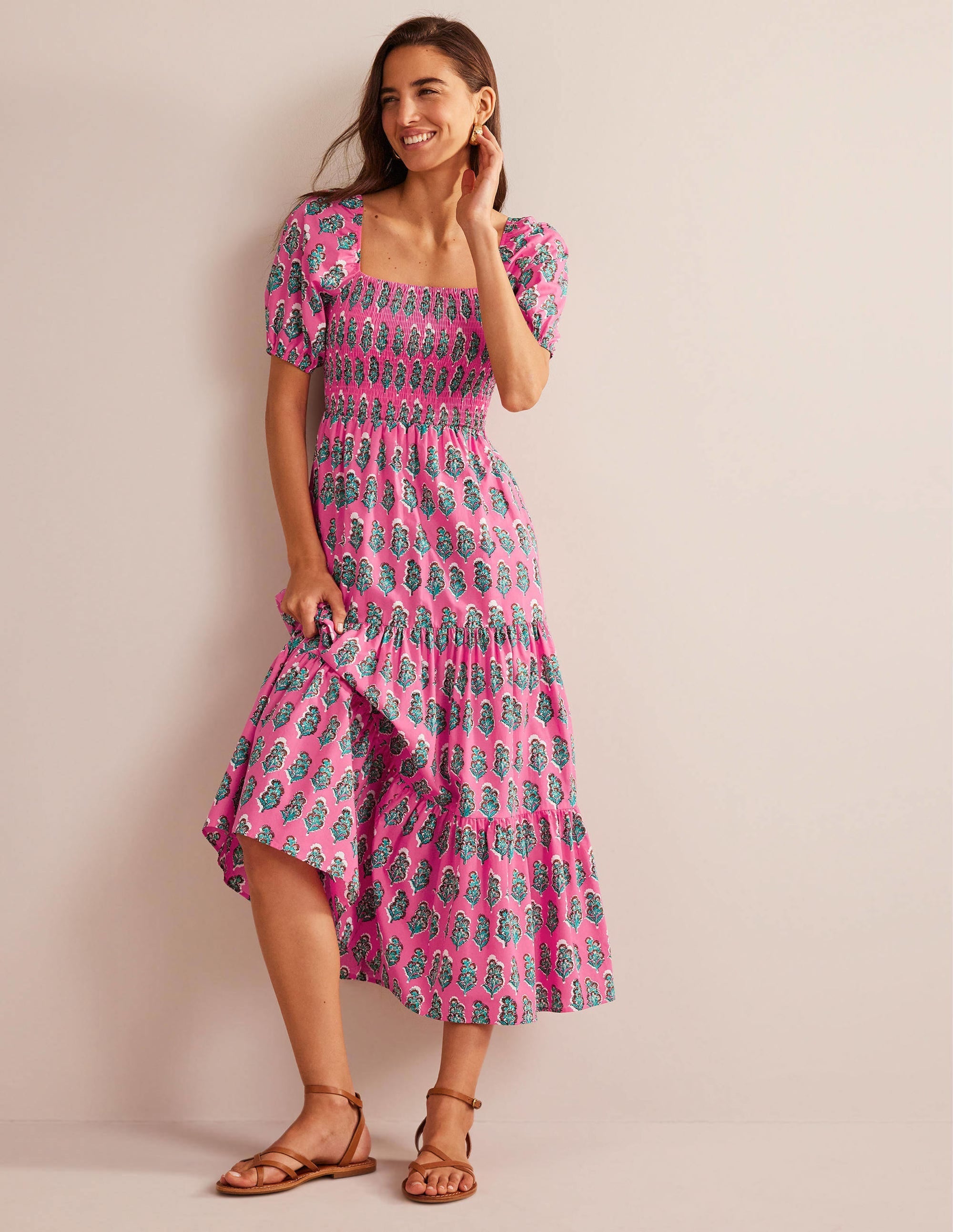 Smocked Bodice Maxi Dress-Festival Pink, Artisan Bloom - Image 2