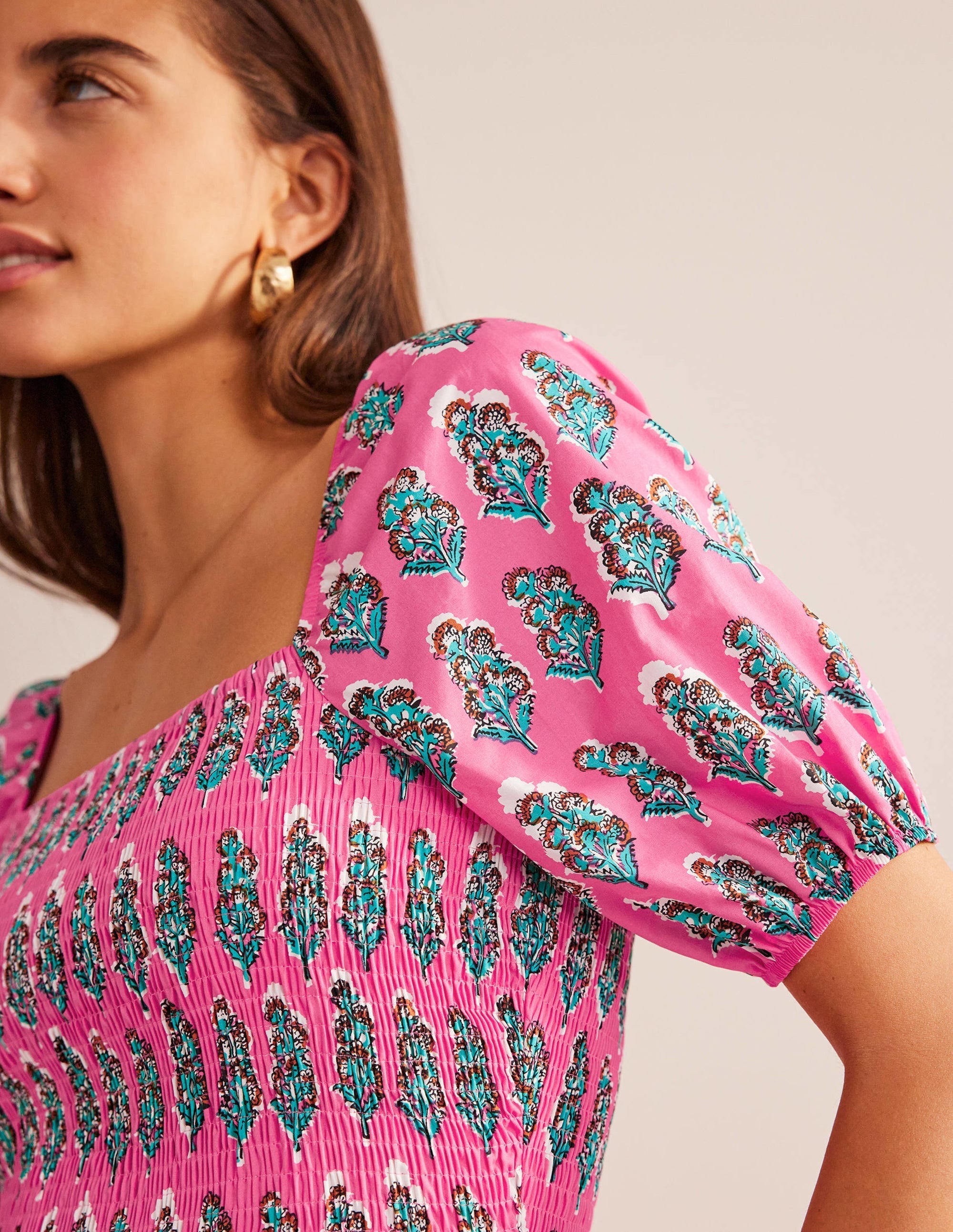 Smocked Bodice Maxi Dress-Festival Pink, Artisan Bloom - Image 3