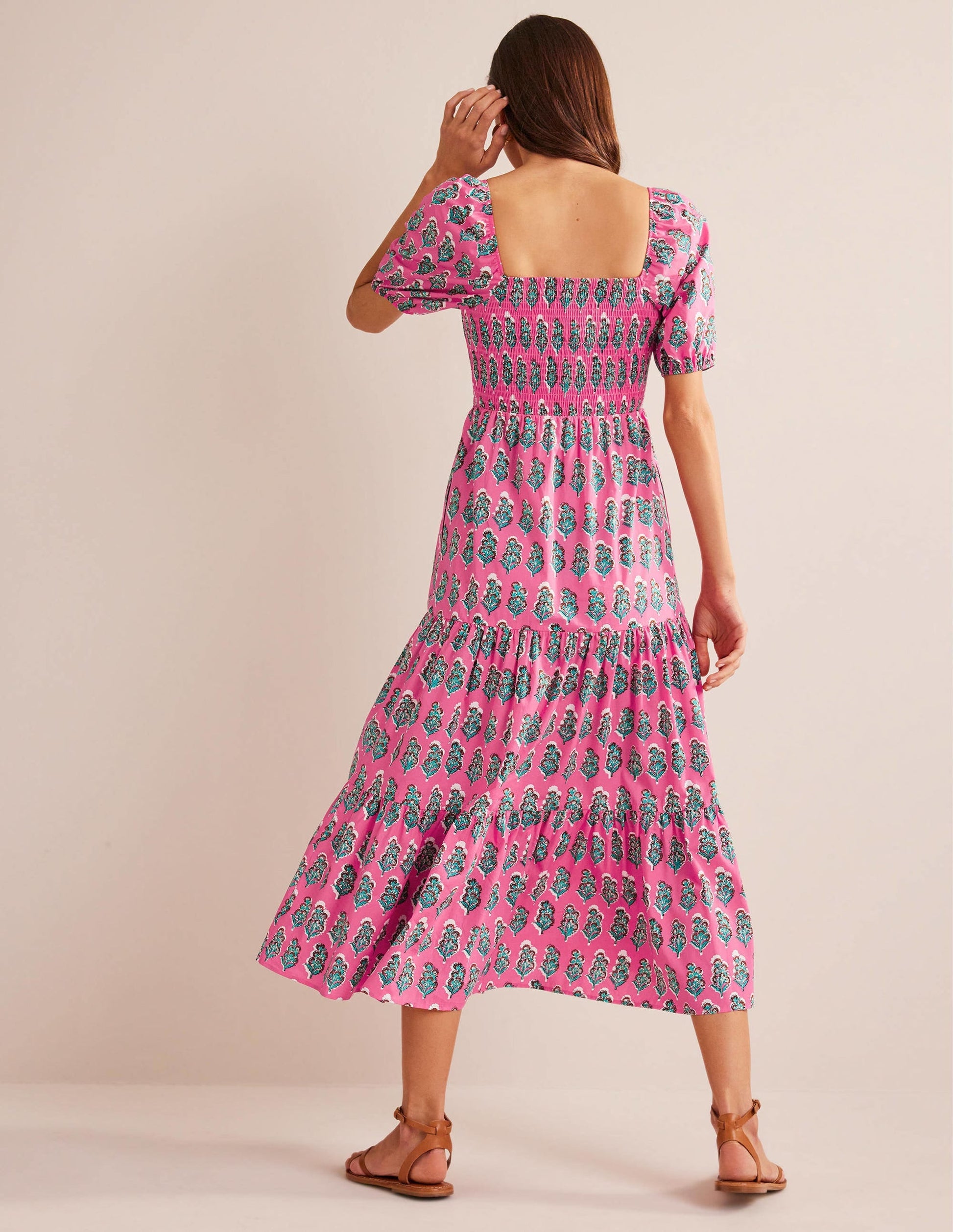 Smocked Bodice Maxi Dress-Festival Pink, Artisan Bloom-4