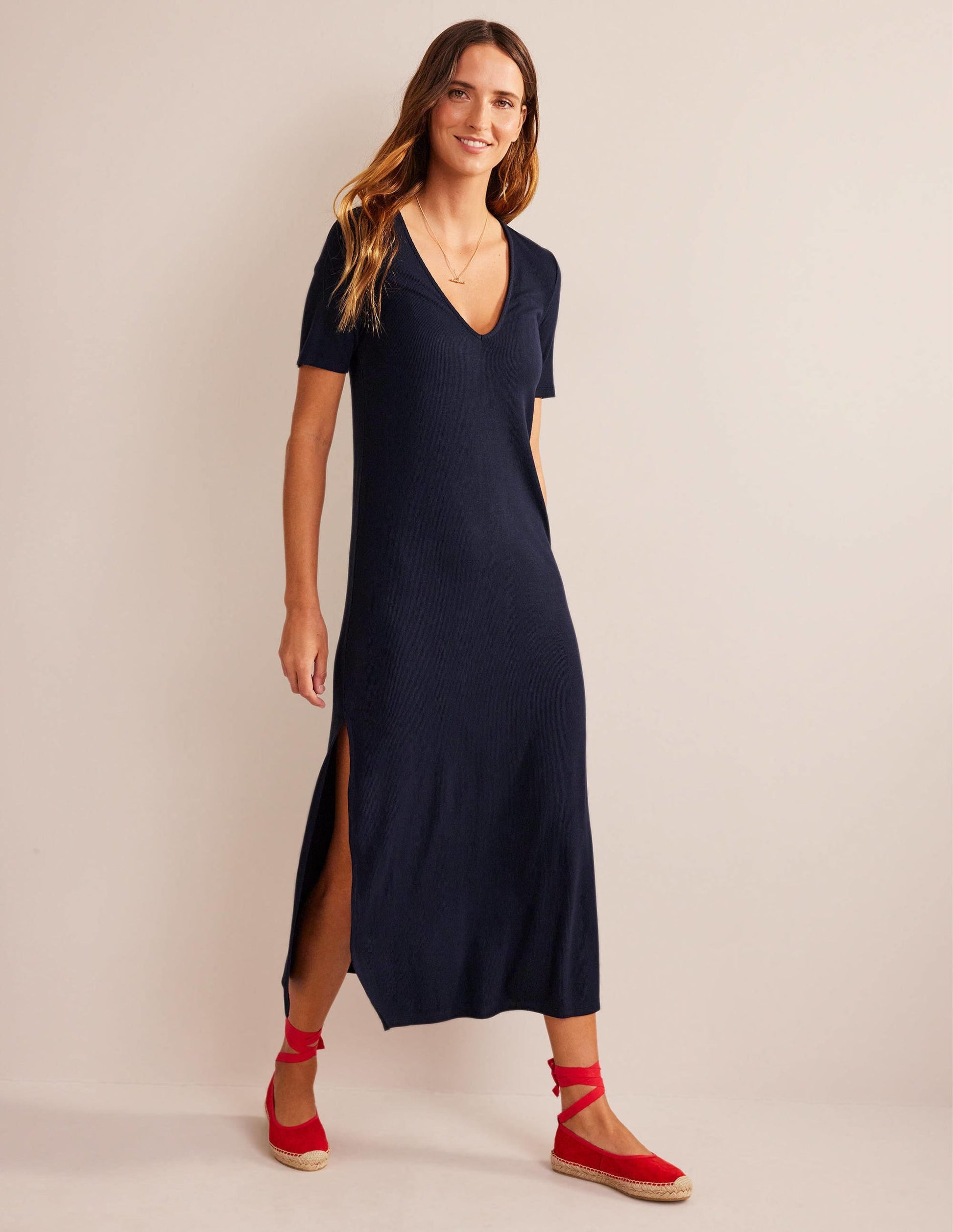 Rib Jersey Midi T-shirt Dress-Navy-1