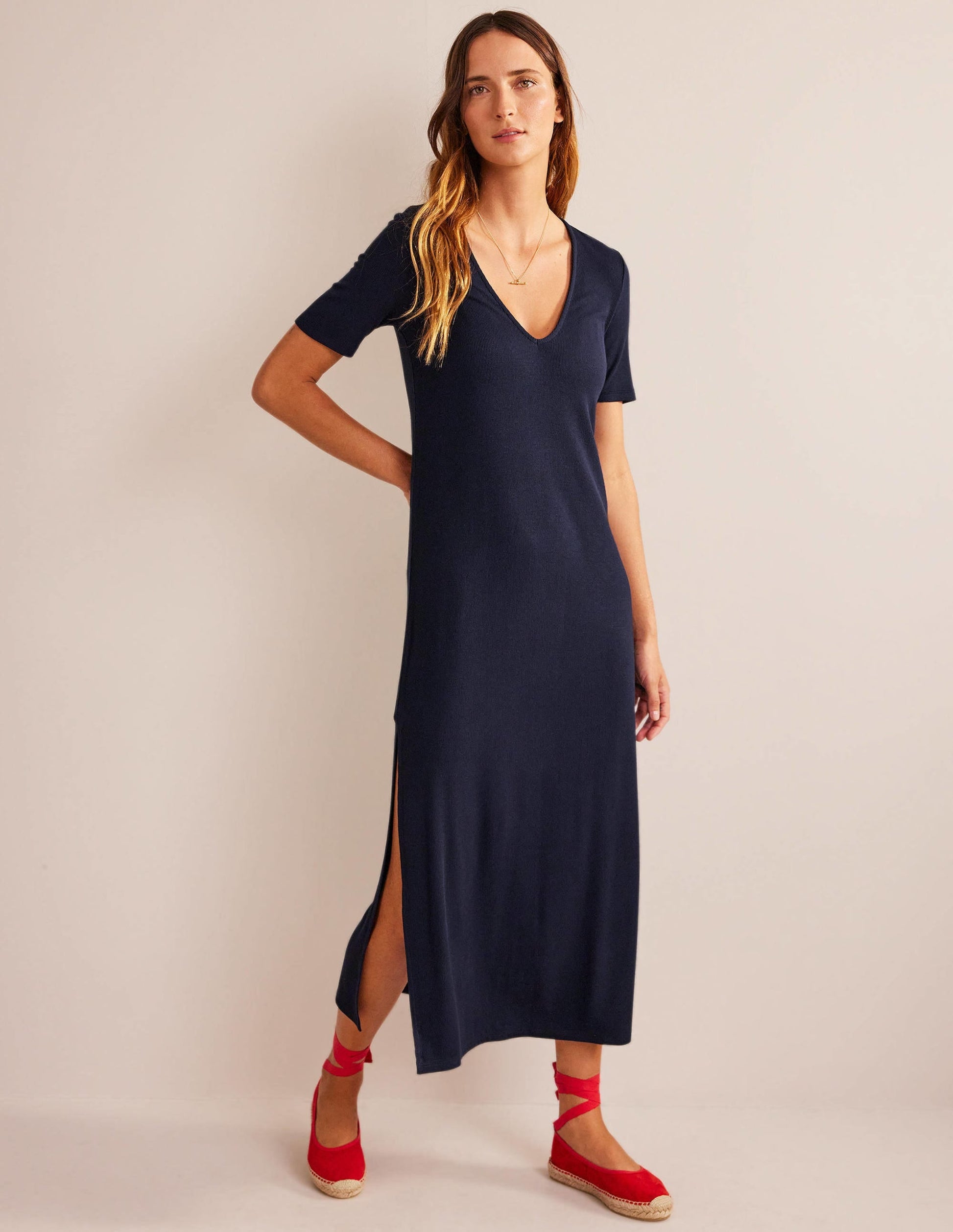 Rib Jersey Midi T-shirt Dress-Navy-4