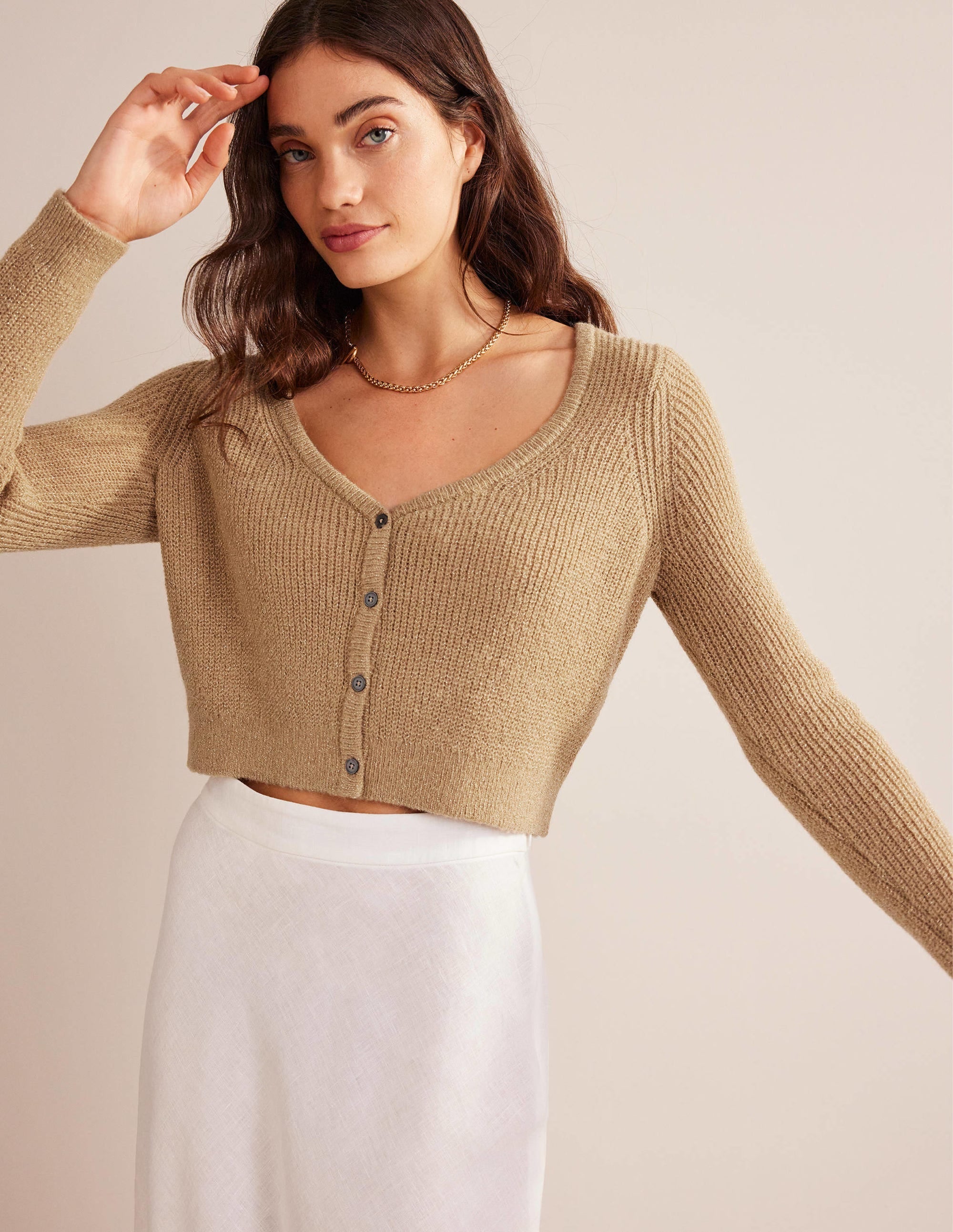 Cropped Fluffy Cardigan-Sparkle Camel Melange - Image 3
