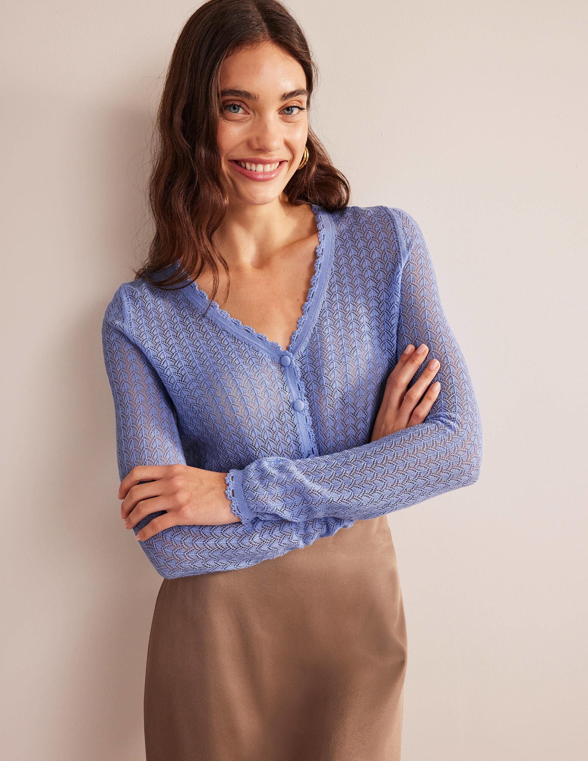 Pointelle Cropped Cardigan-Hazy Blue - Image 4