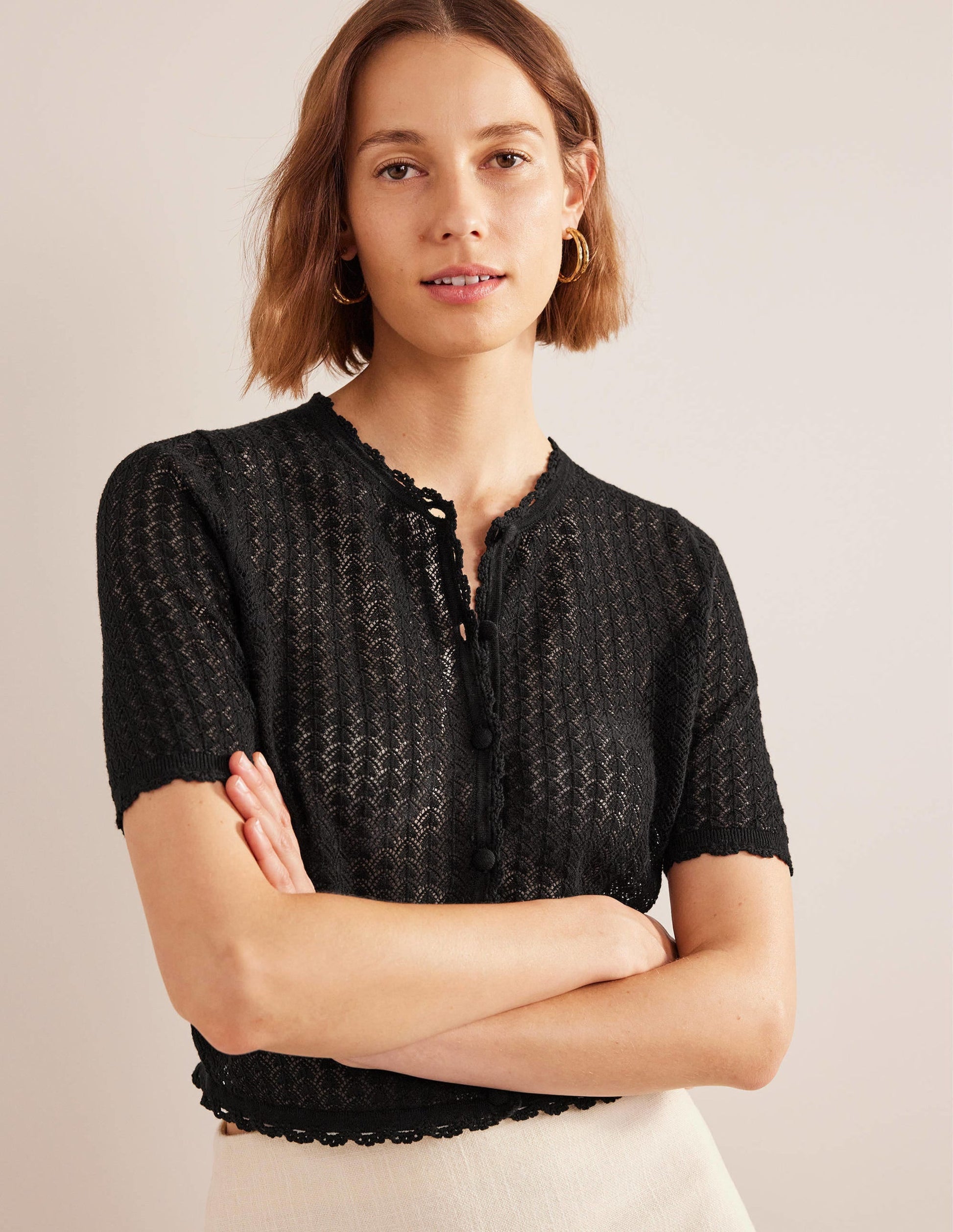 Cropped Short Sleeve Cardigan-Black-1