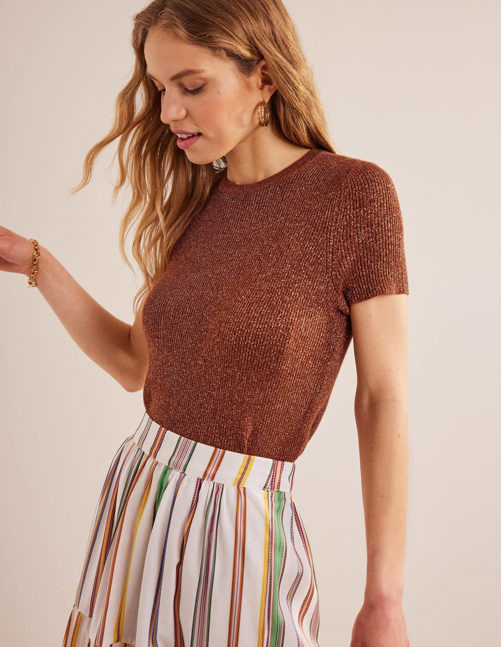Cropped Sparkle Knit T-Shirt-Cognac Bronze Gold Sparkle-1
