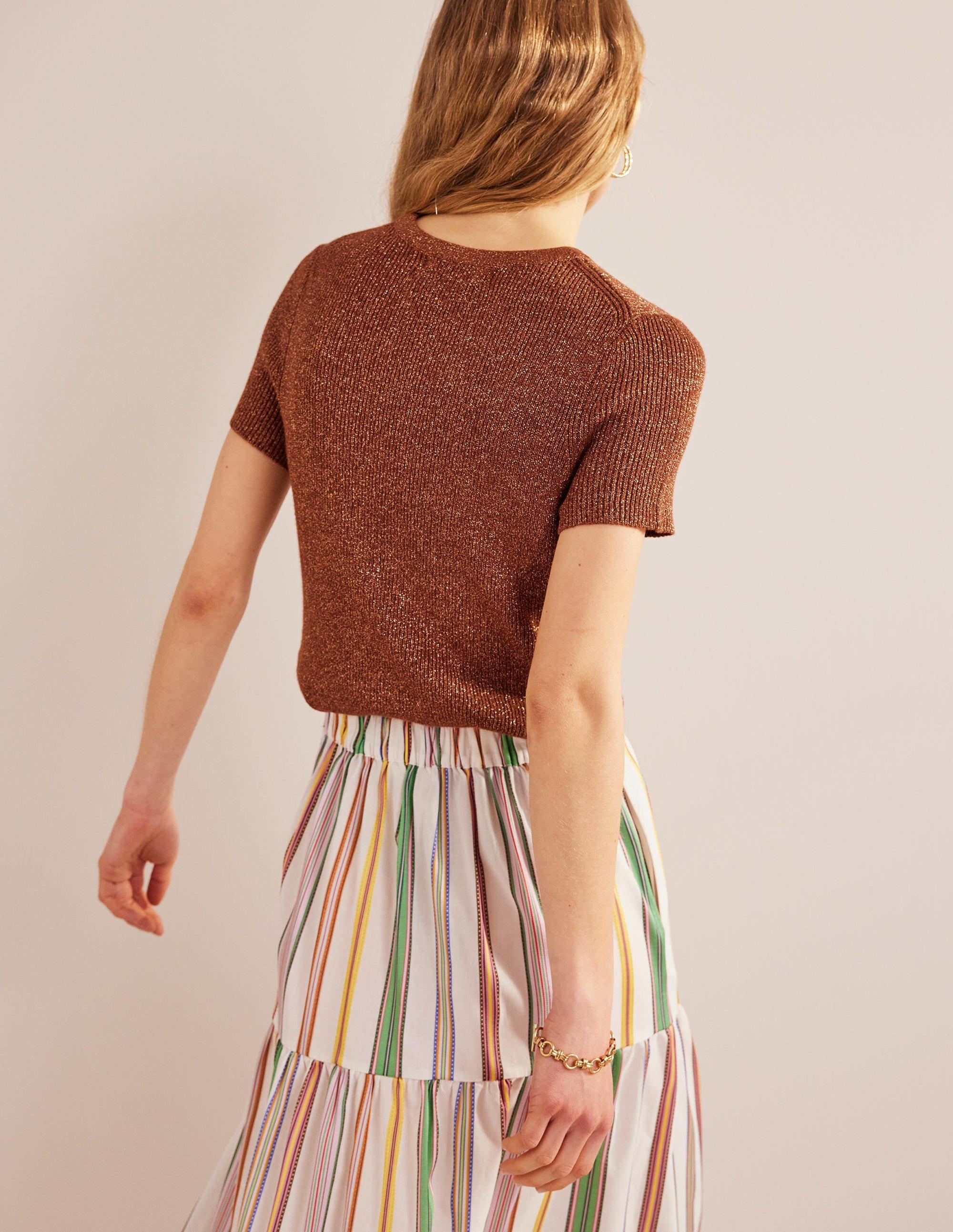 Cropped Sparkle Knit T-Shirt-Cognac Bronze Gold Sparkle - Image 3