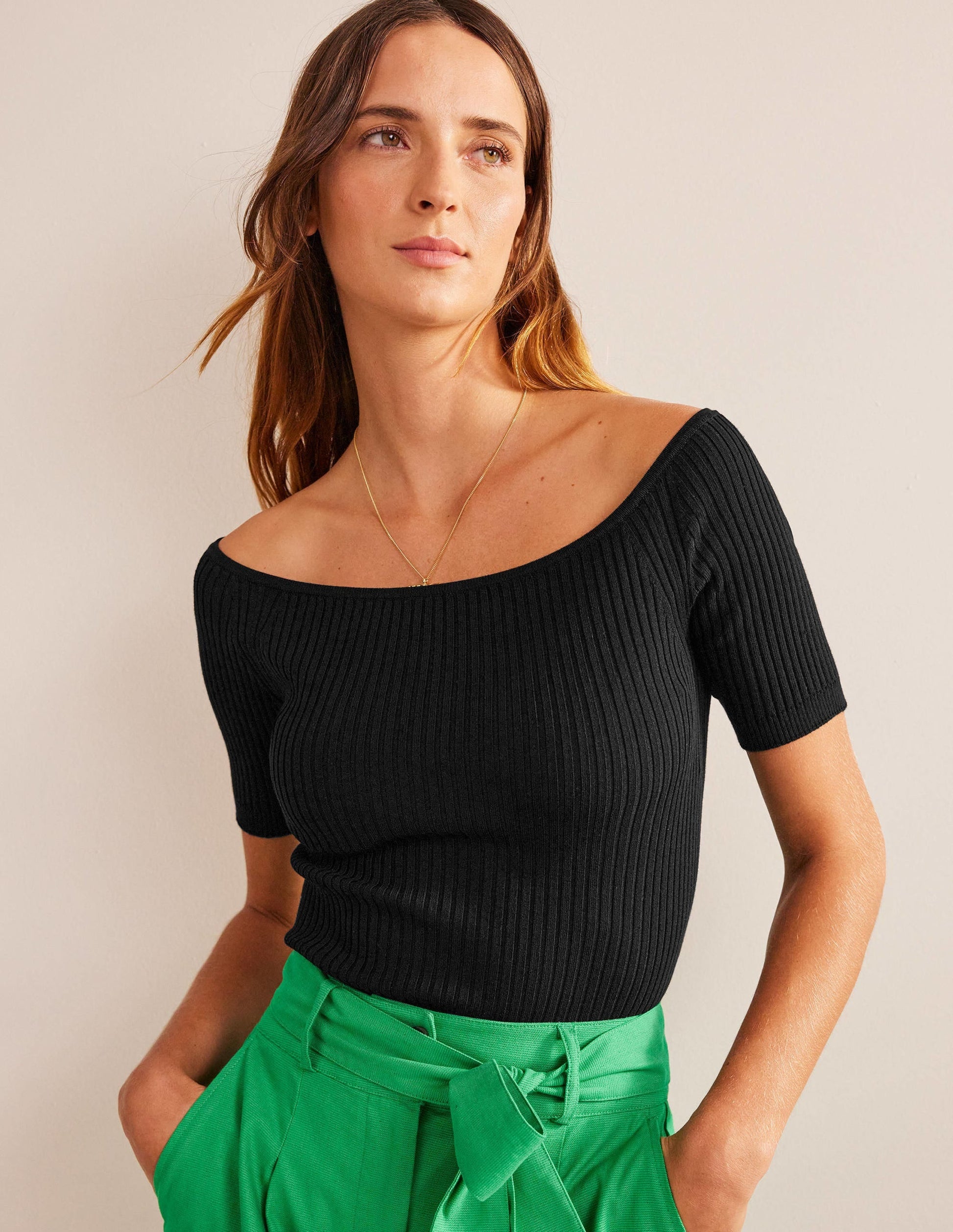 Off-Shoulder Ribbed Top-Black-1
