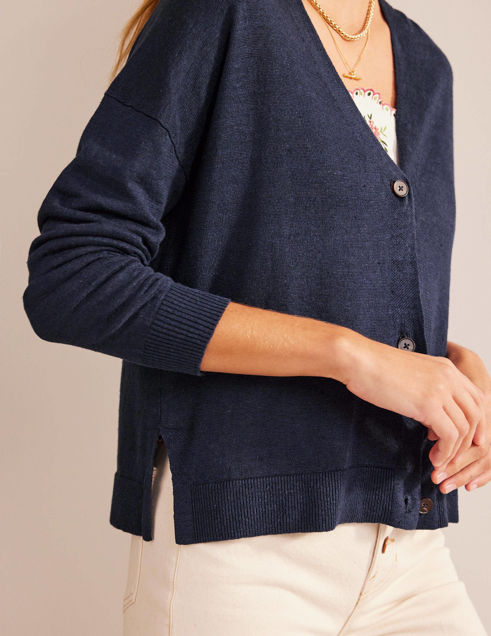 Drop-Shoulder Linen Cardigan-Navy - Image 2