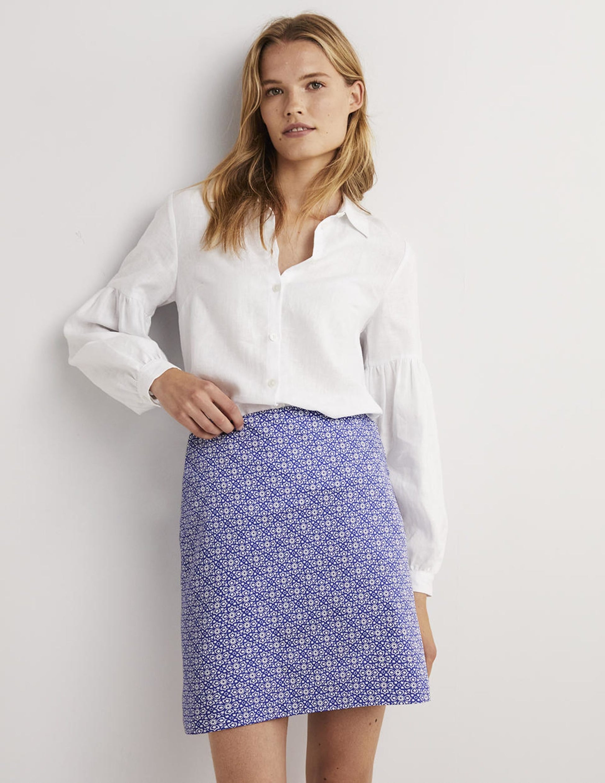Printed A-line Mini Skirt-Bluebell, Floret Tile-1