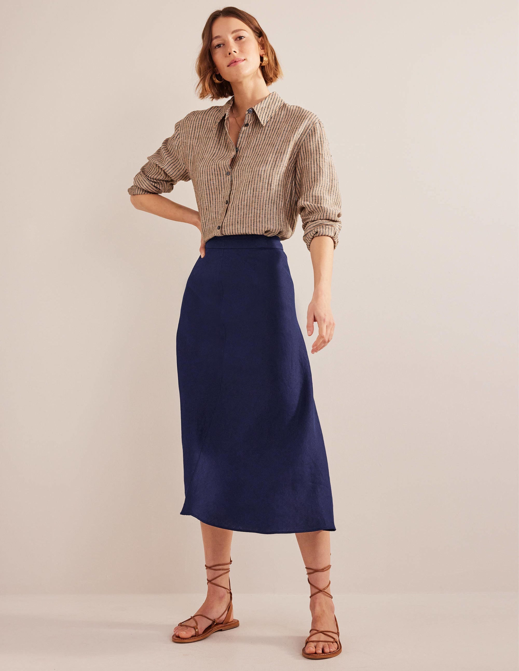 Bias Linen Midi Skirt-Navy - Image 1