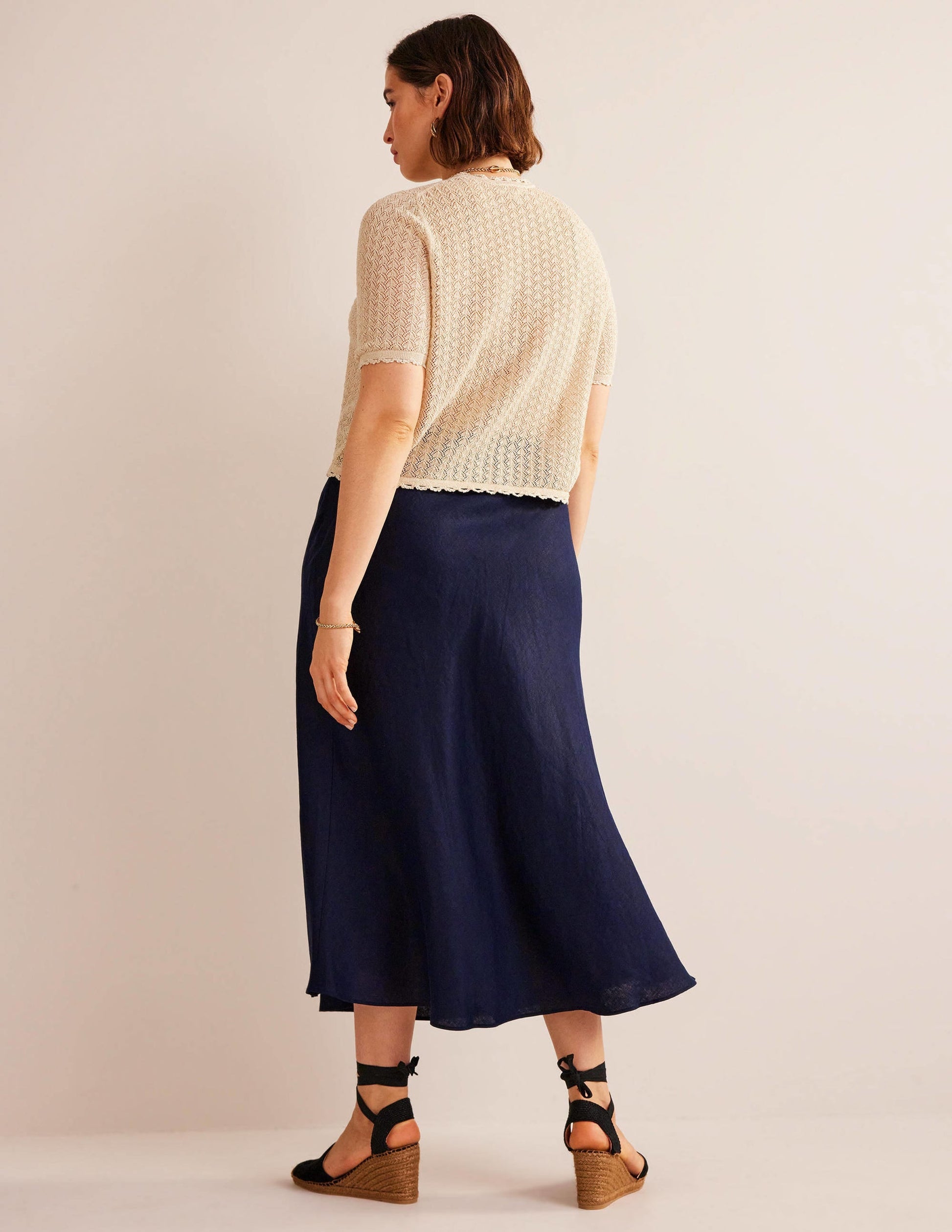 Bias Linen Midi Skirt-Navy-7