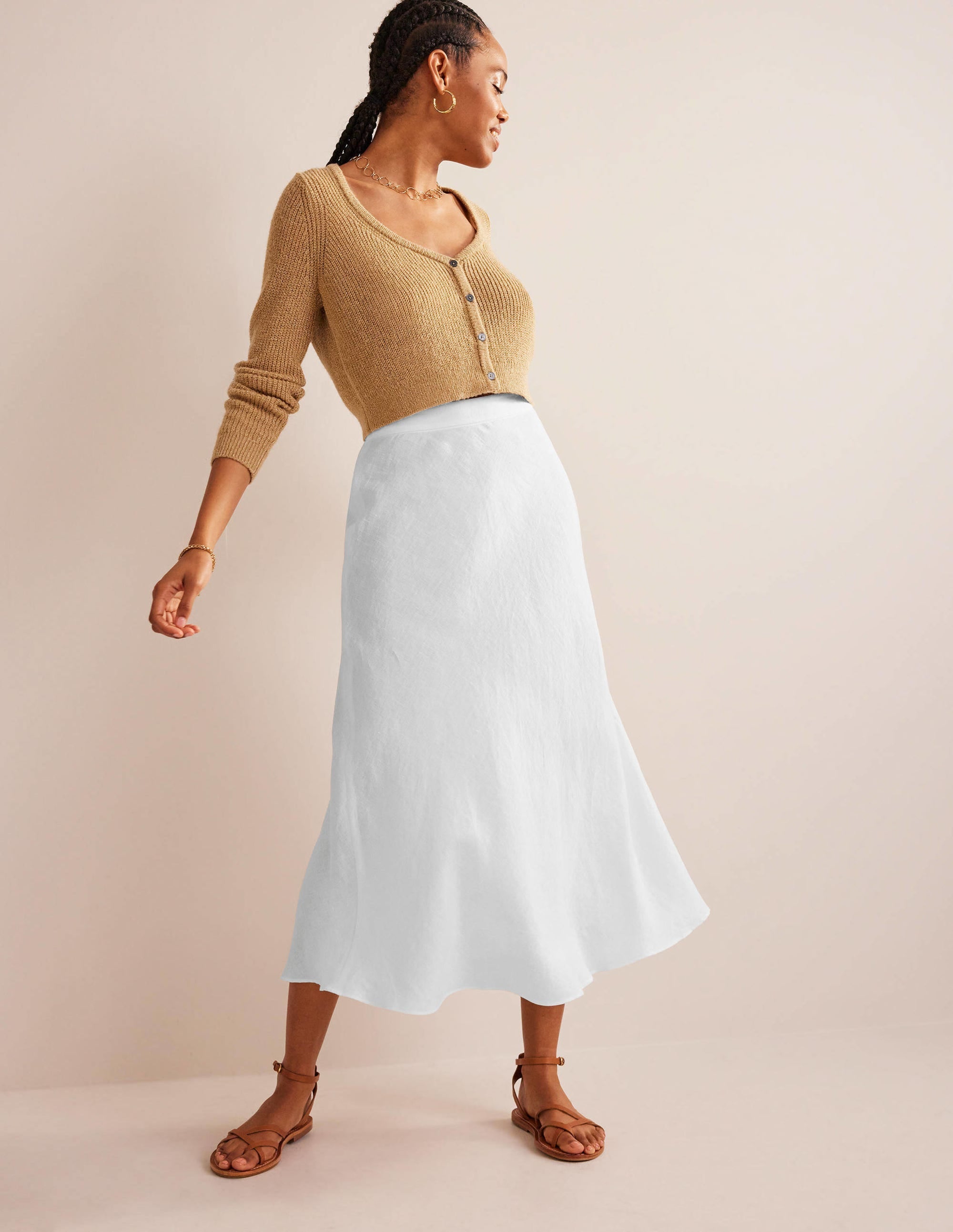Bias Linen Midi Skirt-White - Image 1