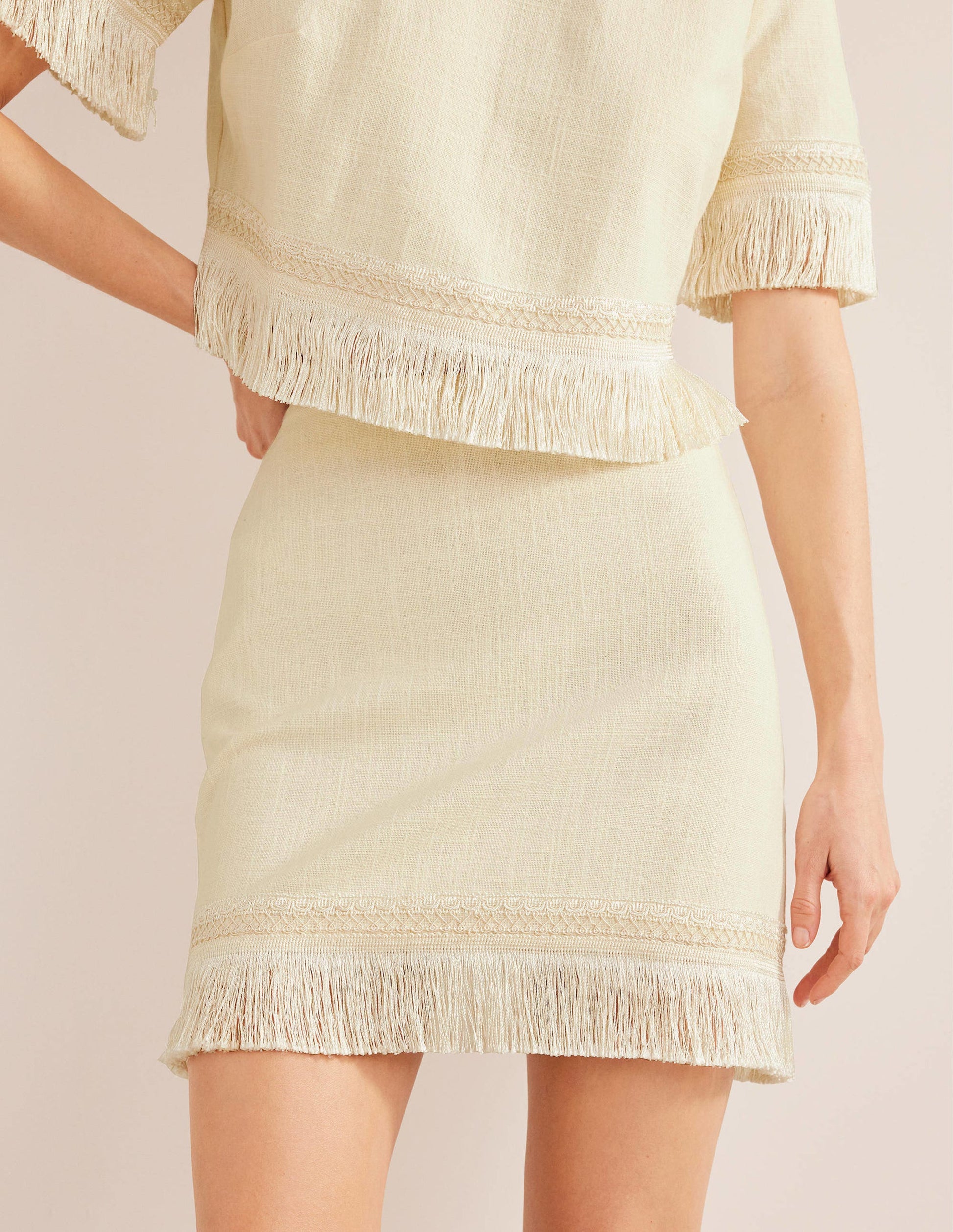 Fringe Detail Mini Skirt-Ecru-4