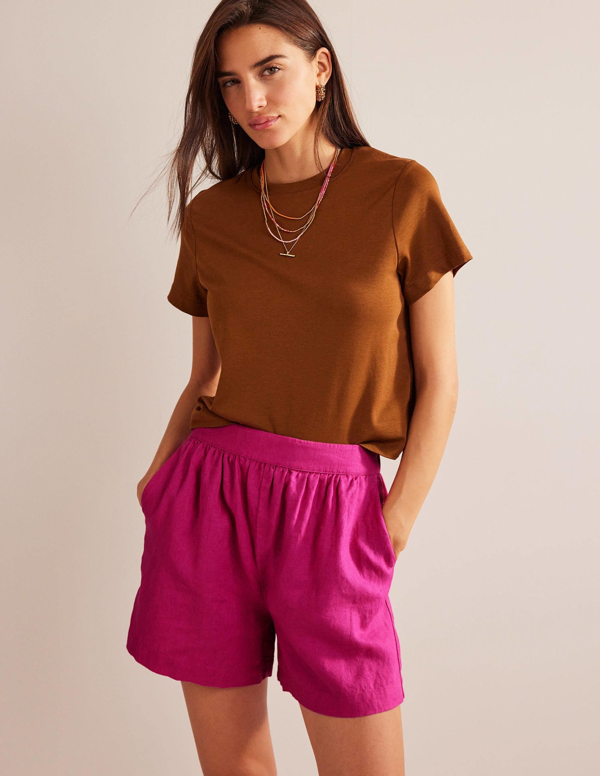 Pull-on Linen Shorts-Rose Violet-1