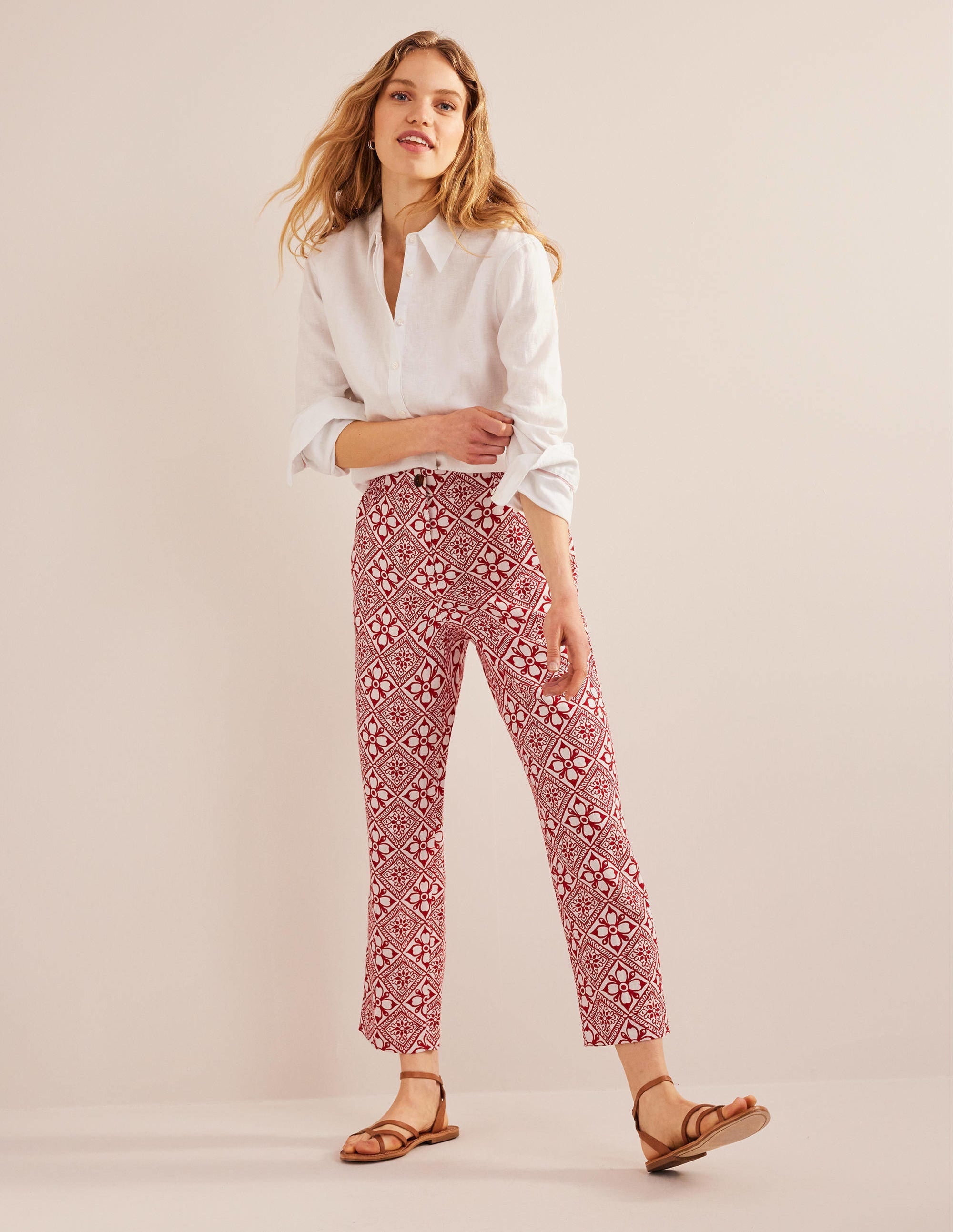 Pull-on Linen Trousers-Poinsettia, Block Pome - Image 1