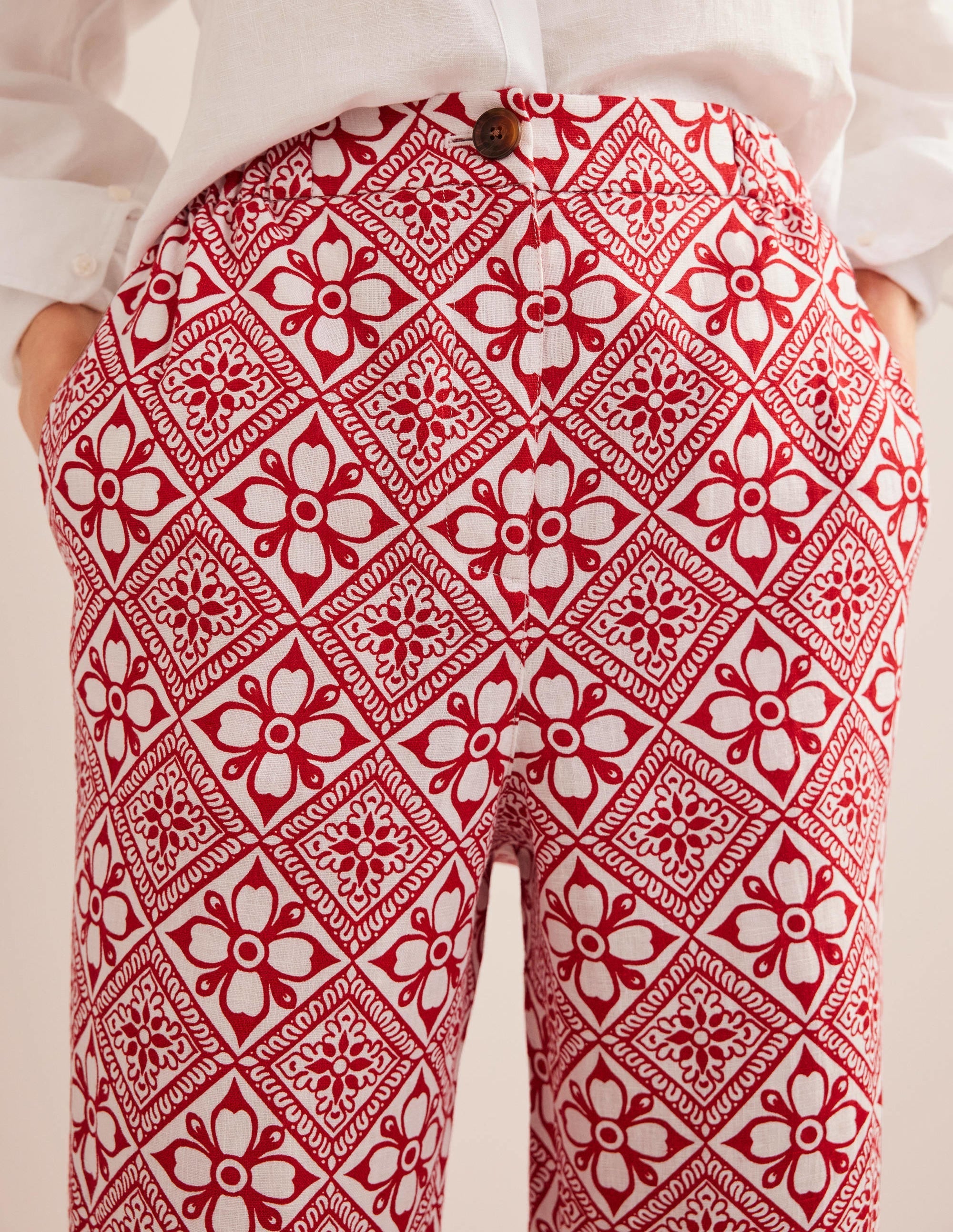 Pull-on Linen Trousers-Poinsettia, Block Pome - Image 2