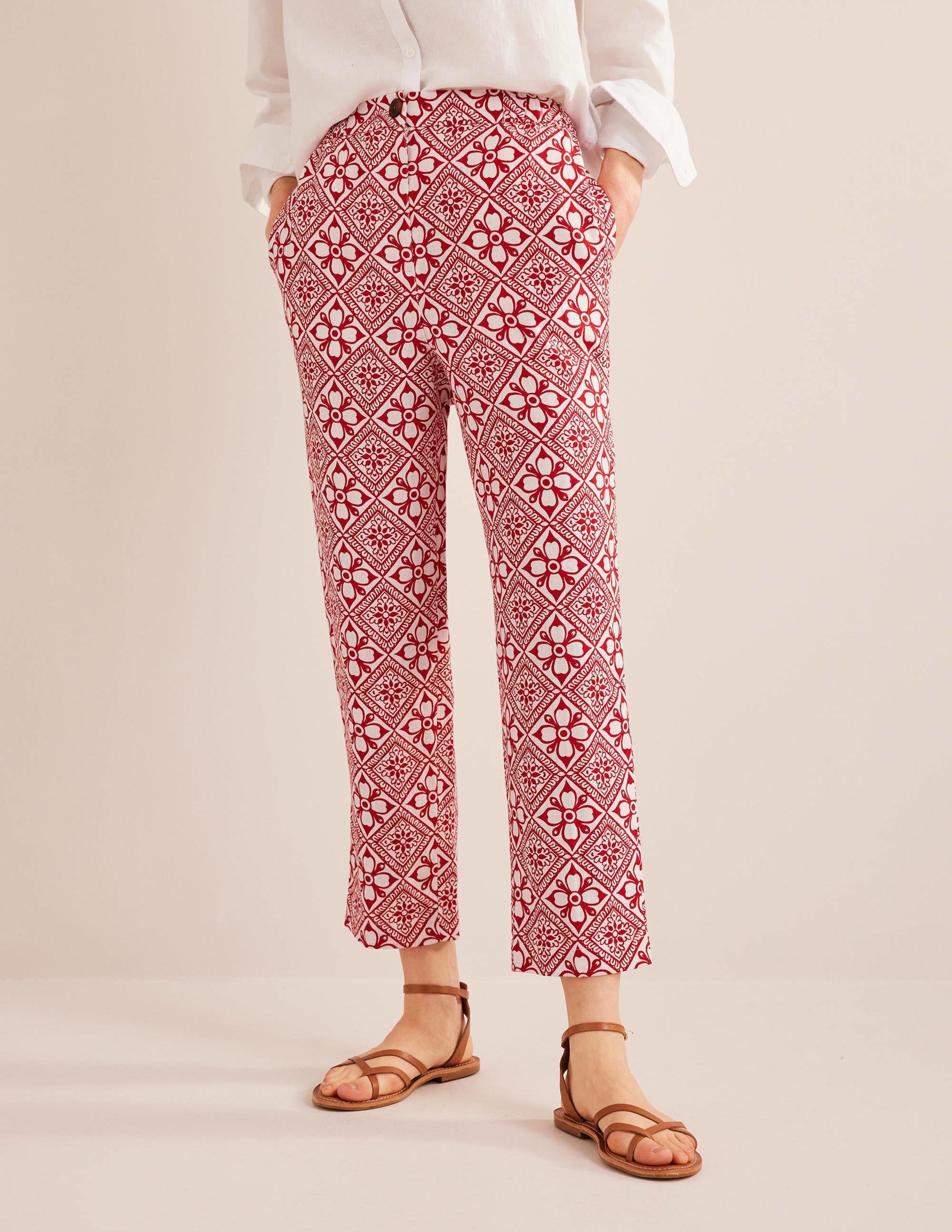Pull-on Linen Trousers-Poinsettia, Block Pome - Image 4