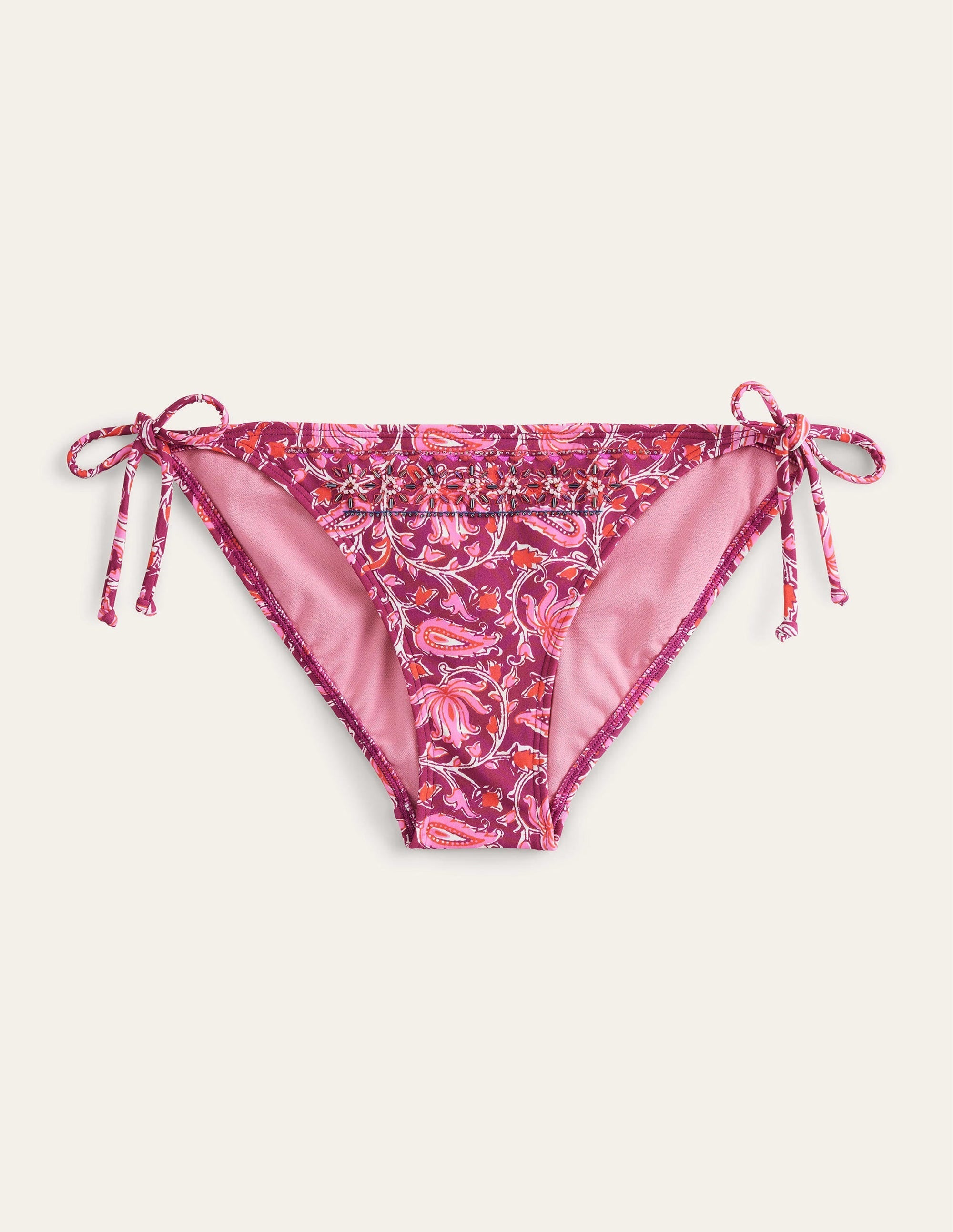 Bead Embellished Bikini Bottom-Raspberry Pink, Botanic Vine - Image 6