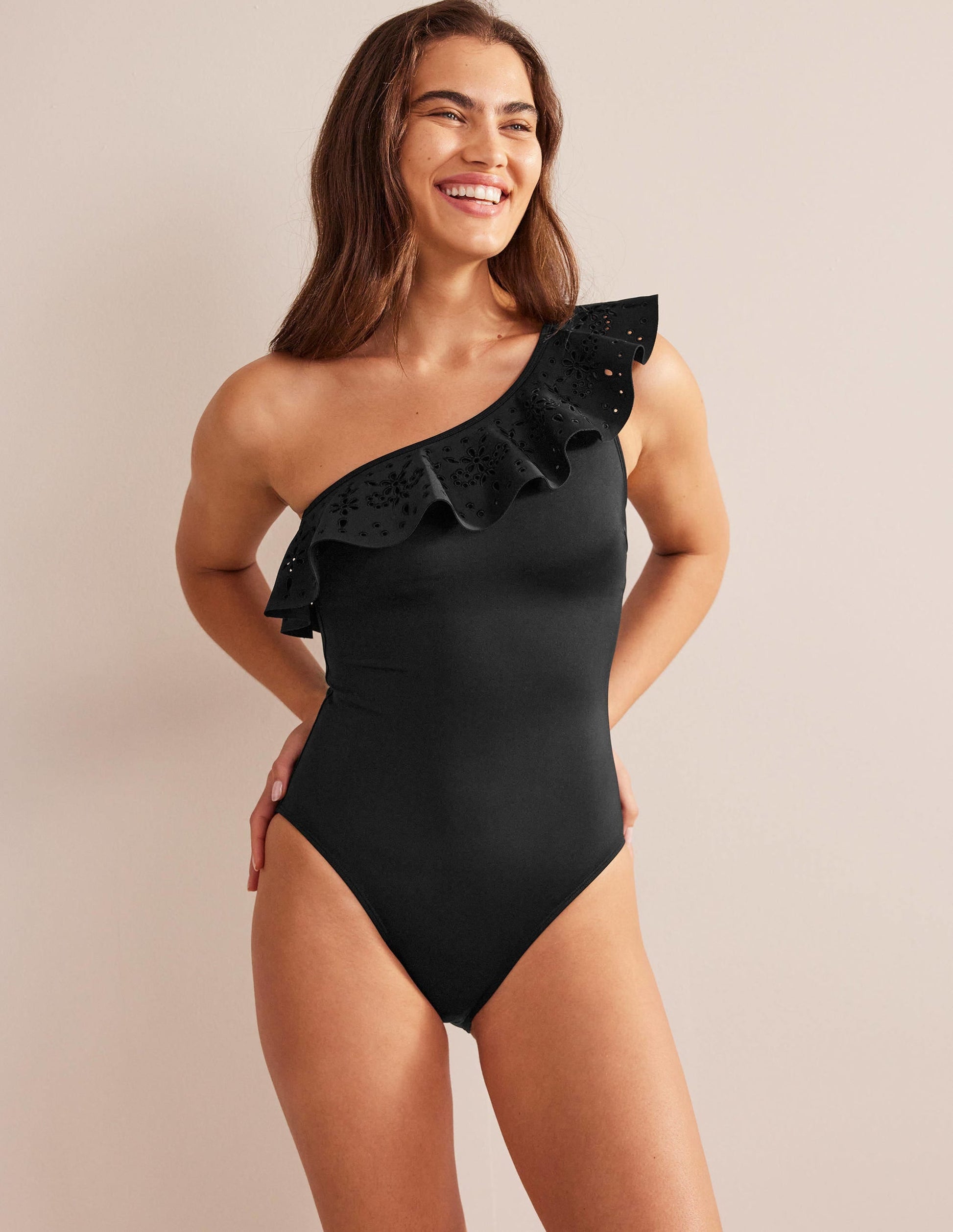 Ruffle One Shoulder Swimsuit-Black-1