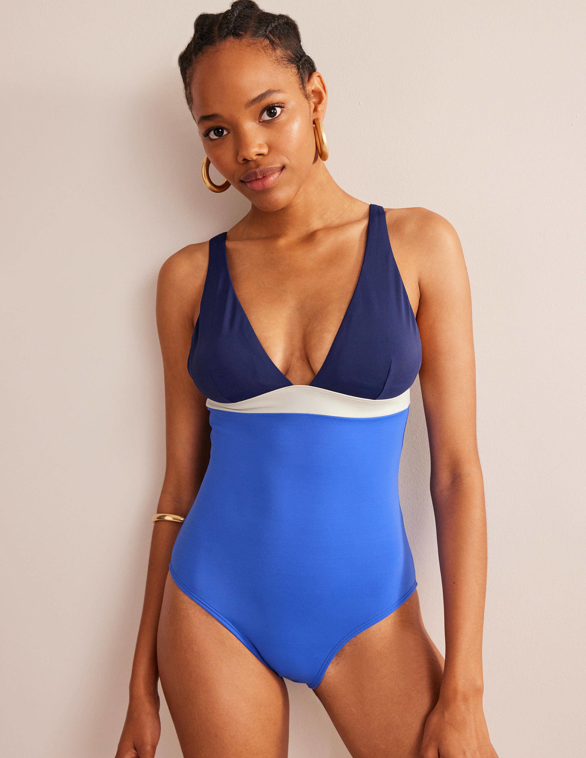 V-Neck Panelled Swimsuit-Cornflower Blue Colour Block - Image 4