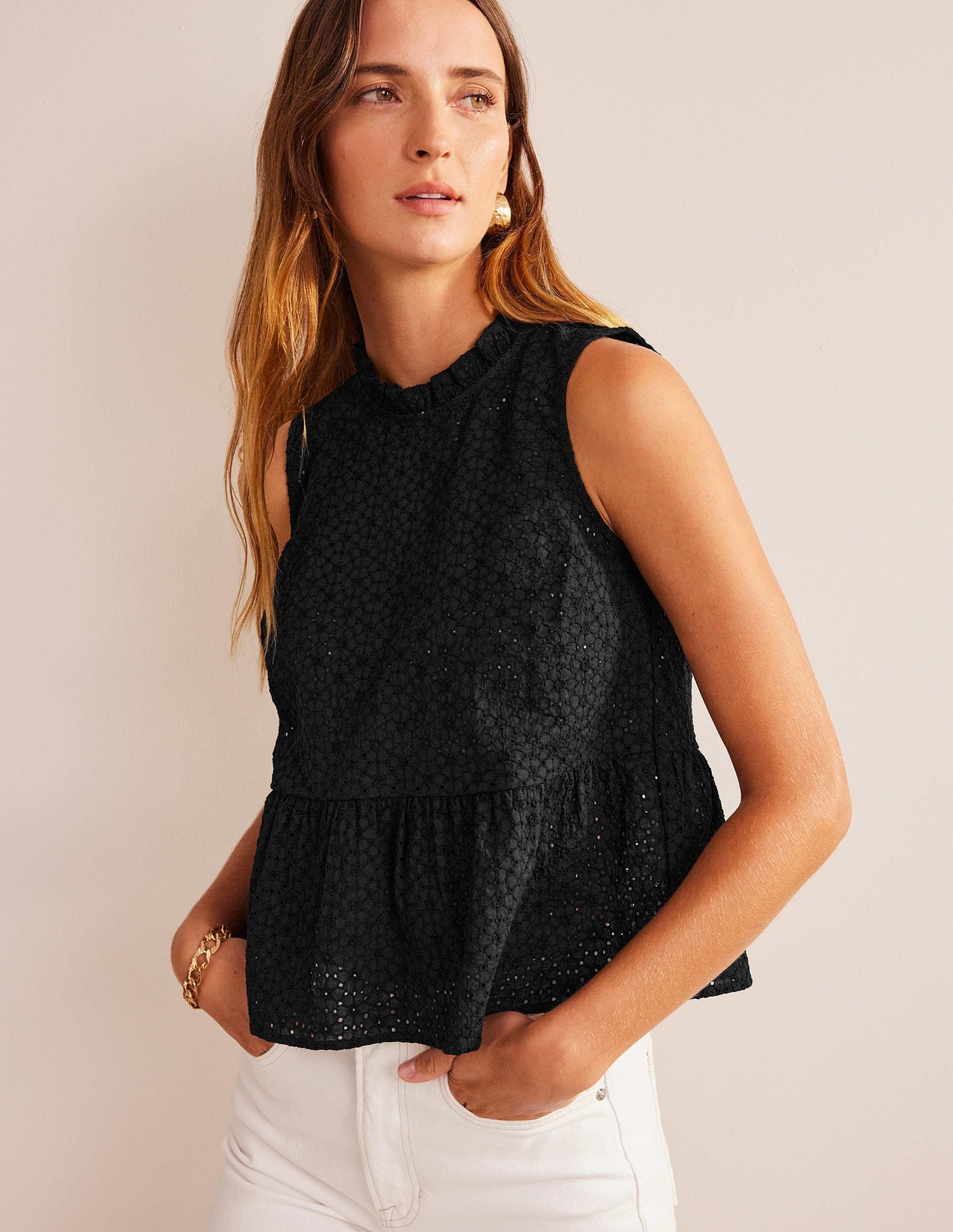 Broderie Peplum Top-Black-1