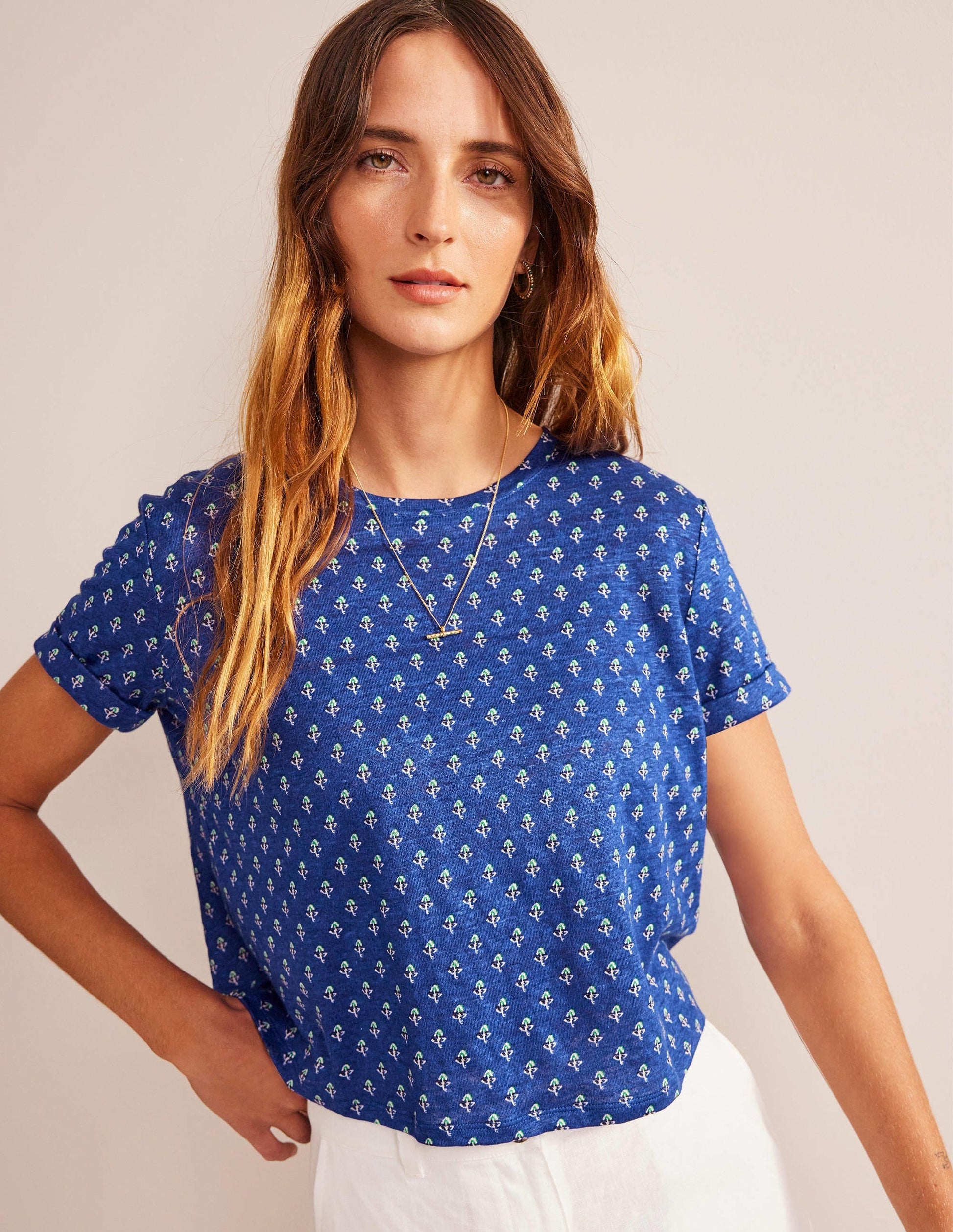 Printed Linen T-shirt-Blue Wave, Tulip Blush-1