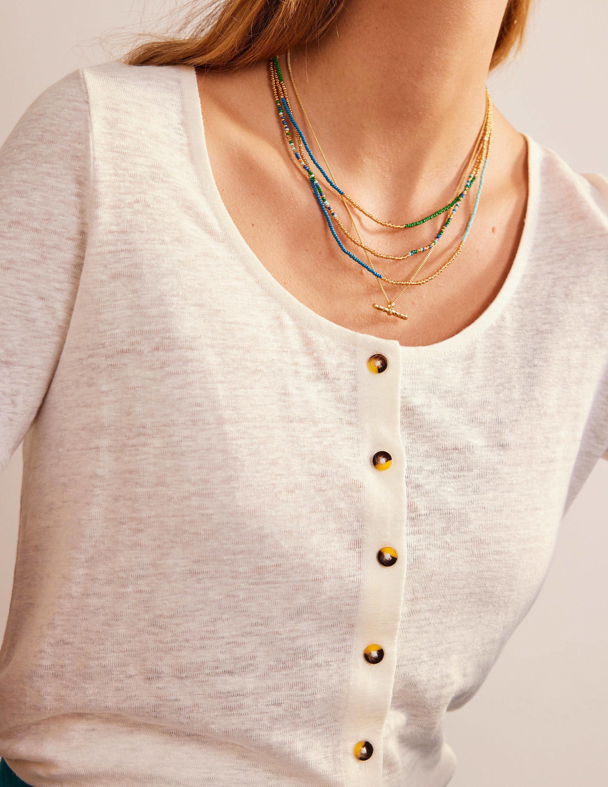 Scoop Neck Linen T-shirt-Ivory - Image 2