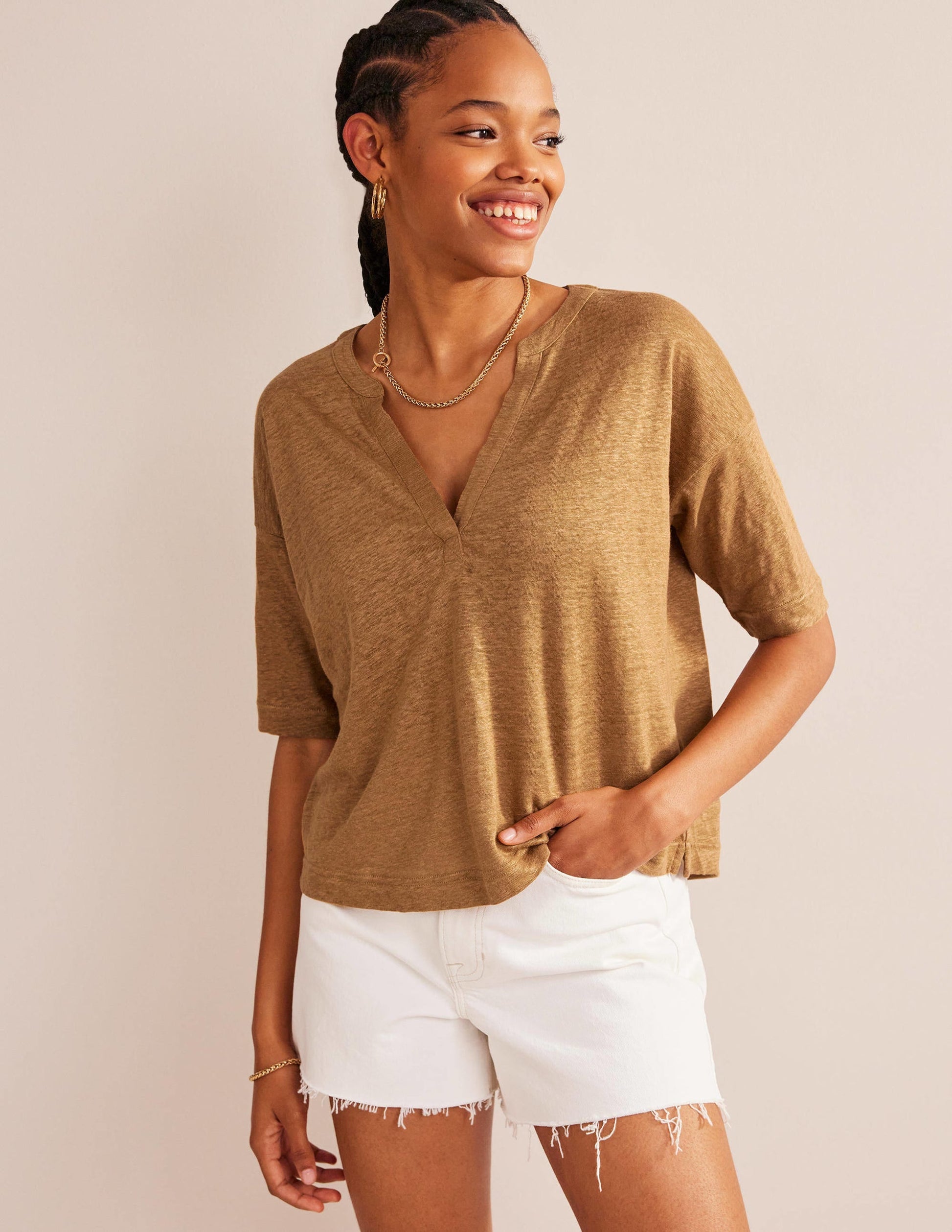 Notch Neck Linen Henley Top-Camel-1