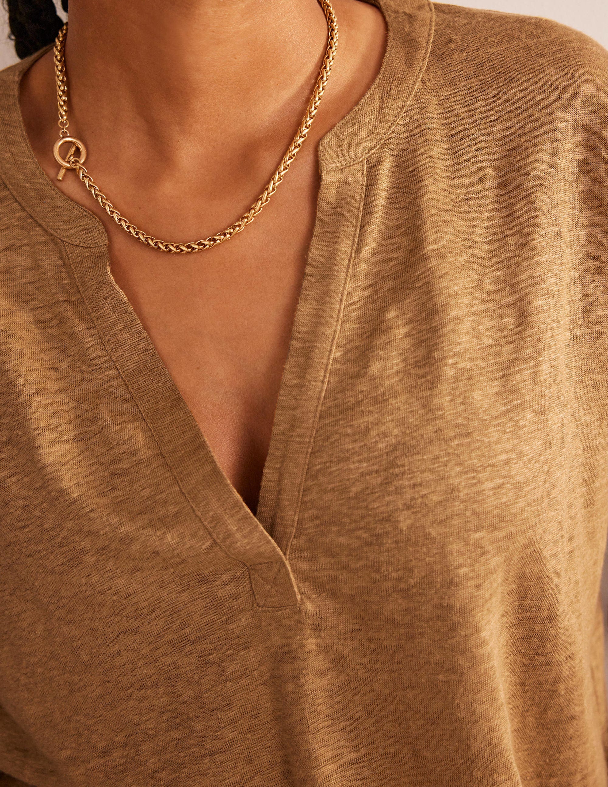 Notch Neck Linen Henley Top-Camel - Image 2