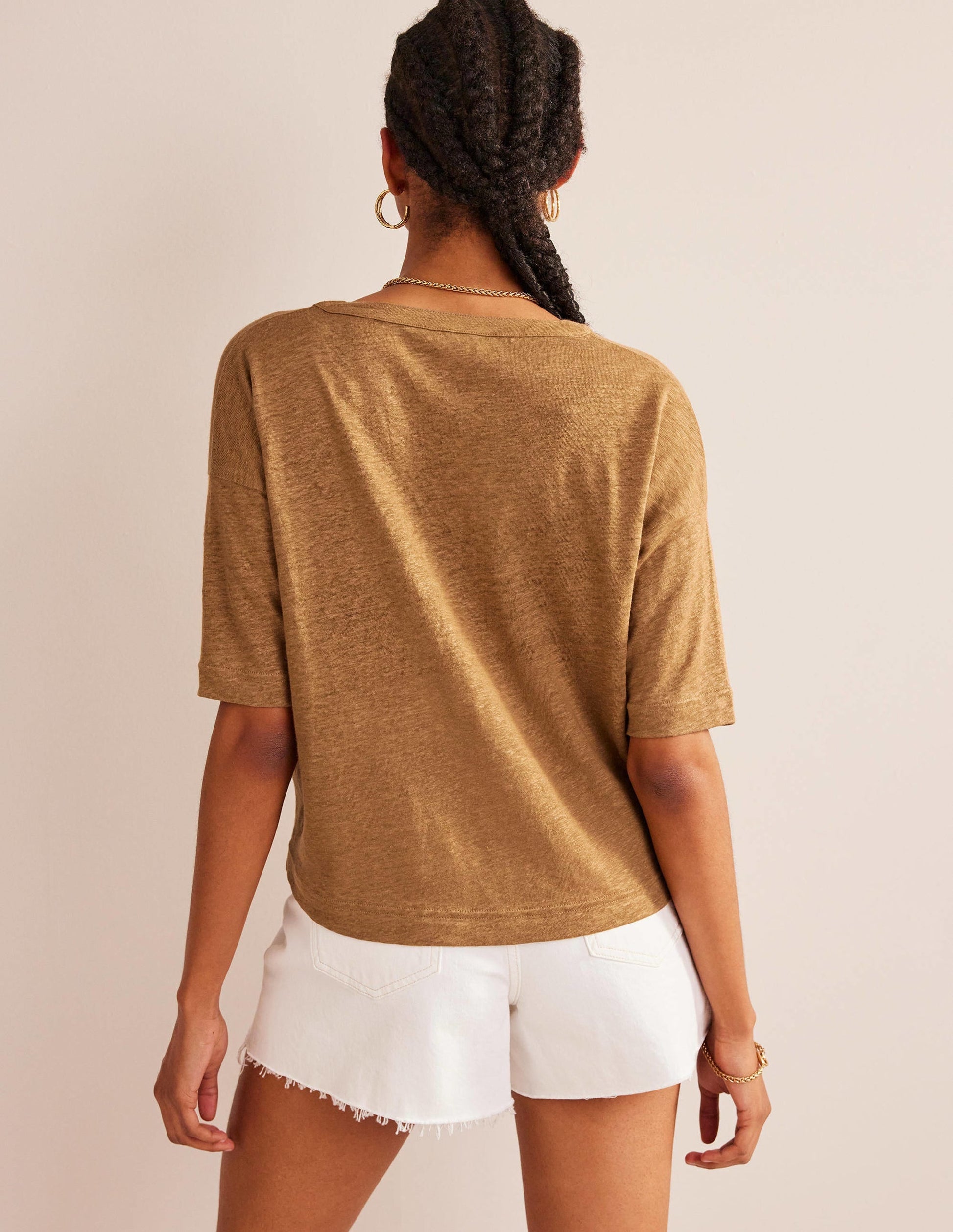 Notch Neck Linen Henley Top-Camel-3